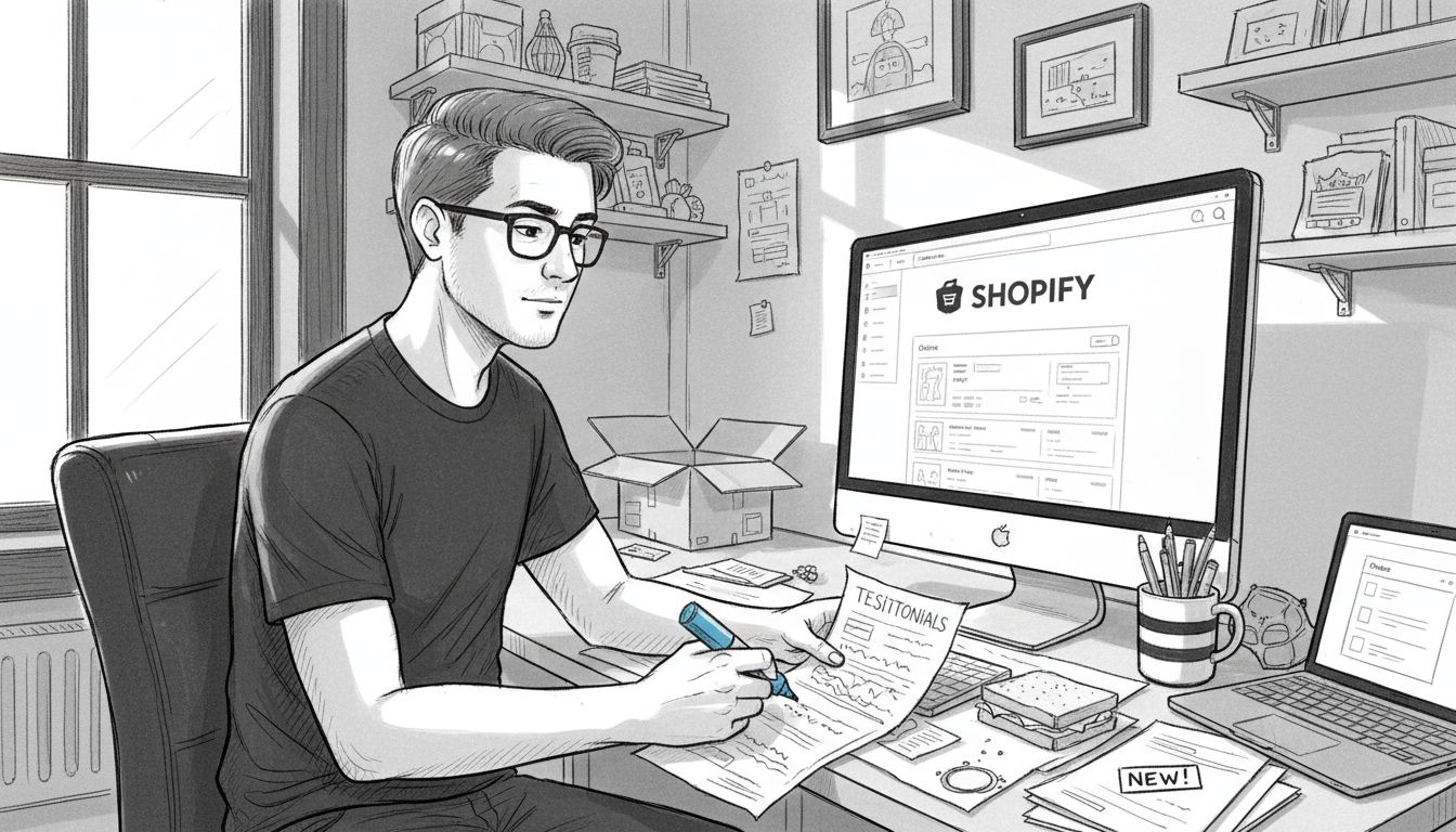 Shop owner highlighting printed customer testimonials