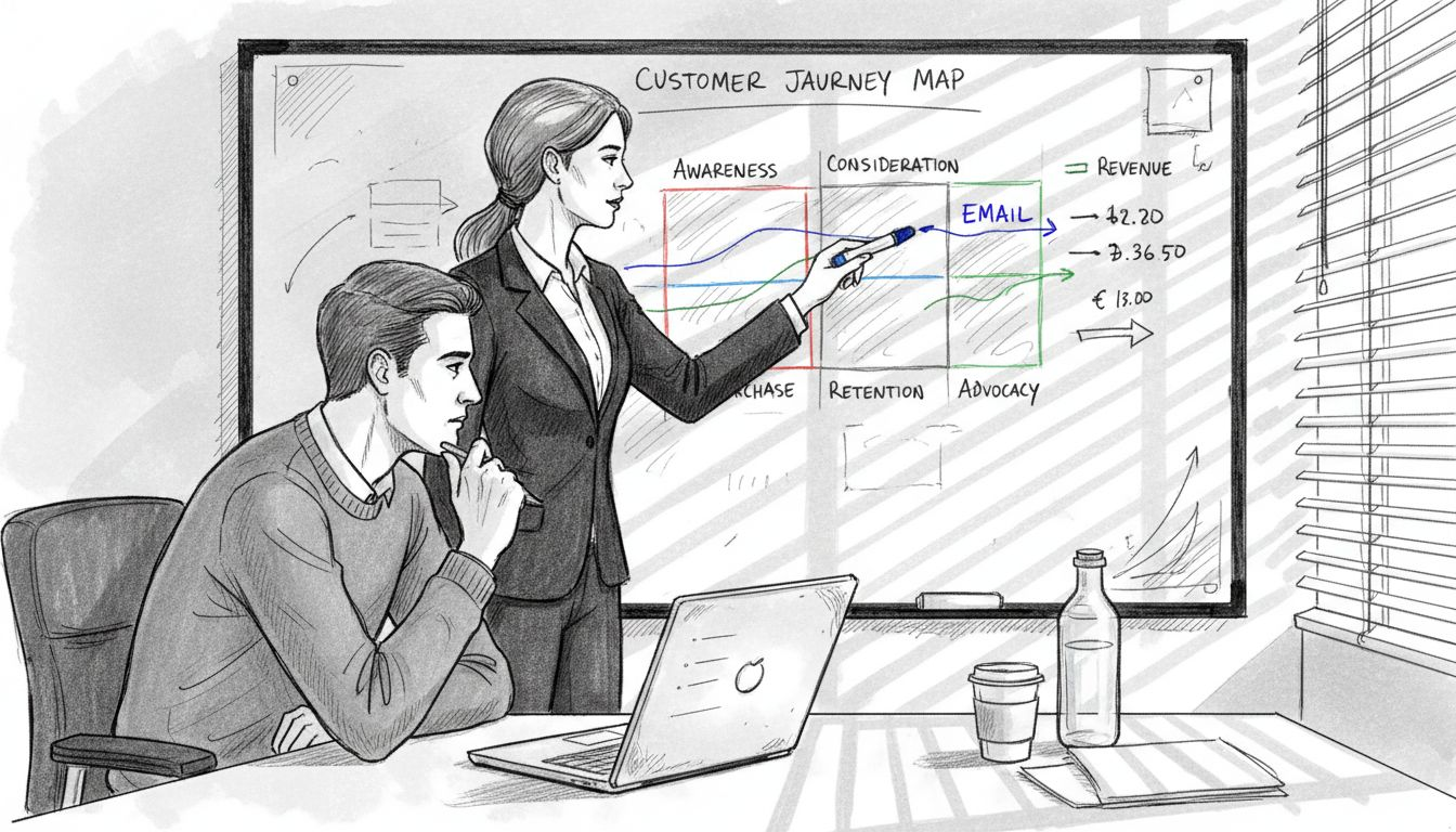 Team collaborating on revenue attribution diagram