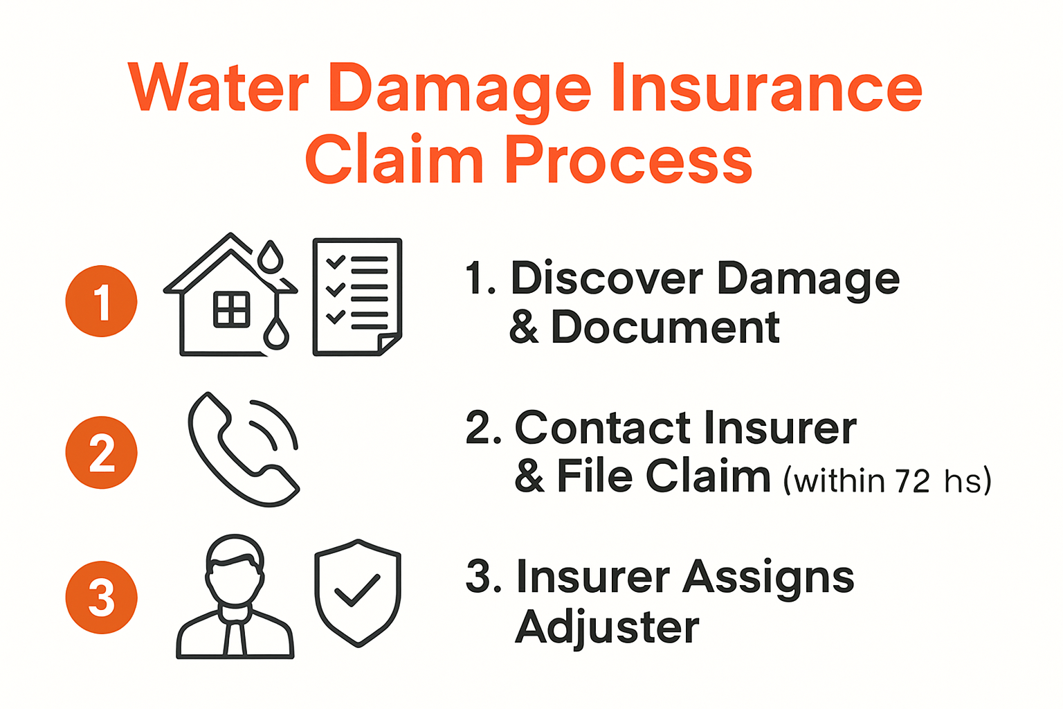 Water Damage Insurance Process in Charlotte NC: 2025 Guide 3 Infographic showing the basic steps of filing a water damage insurance claim.
