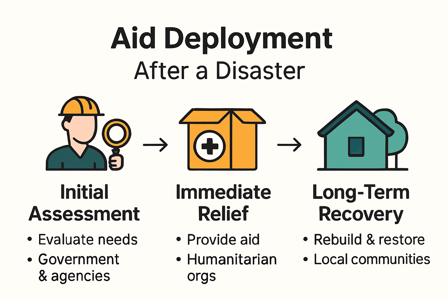 Infographic showing steps to deploy aid after a disaster