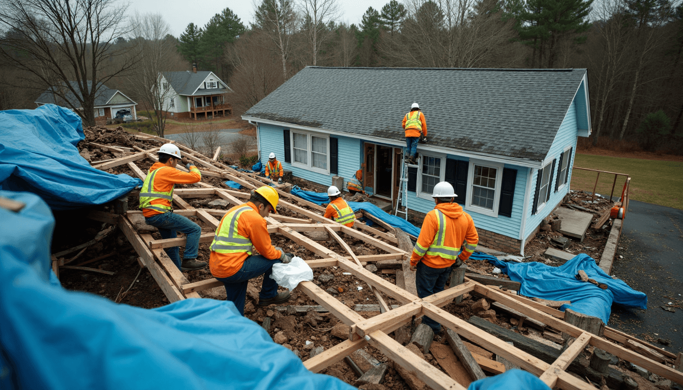 Tornado Damage Repair in Charlotte NC: 2025 Guide for Property Owners 3 Crew repairing tornado-damaged roof in Charlotte