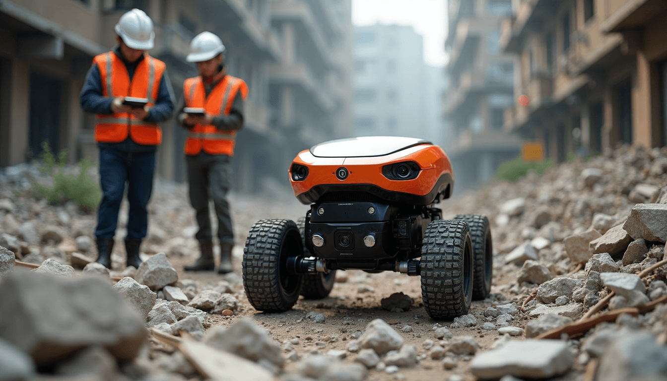 Rescue robot moving through rubble with team watching