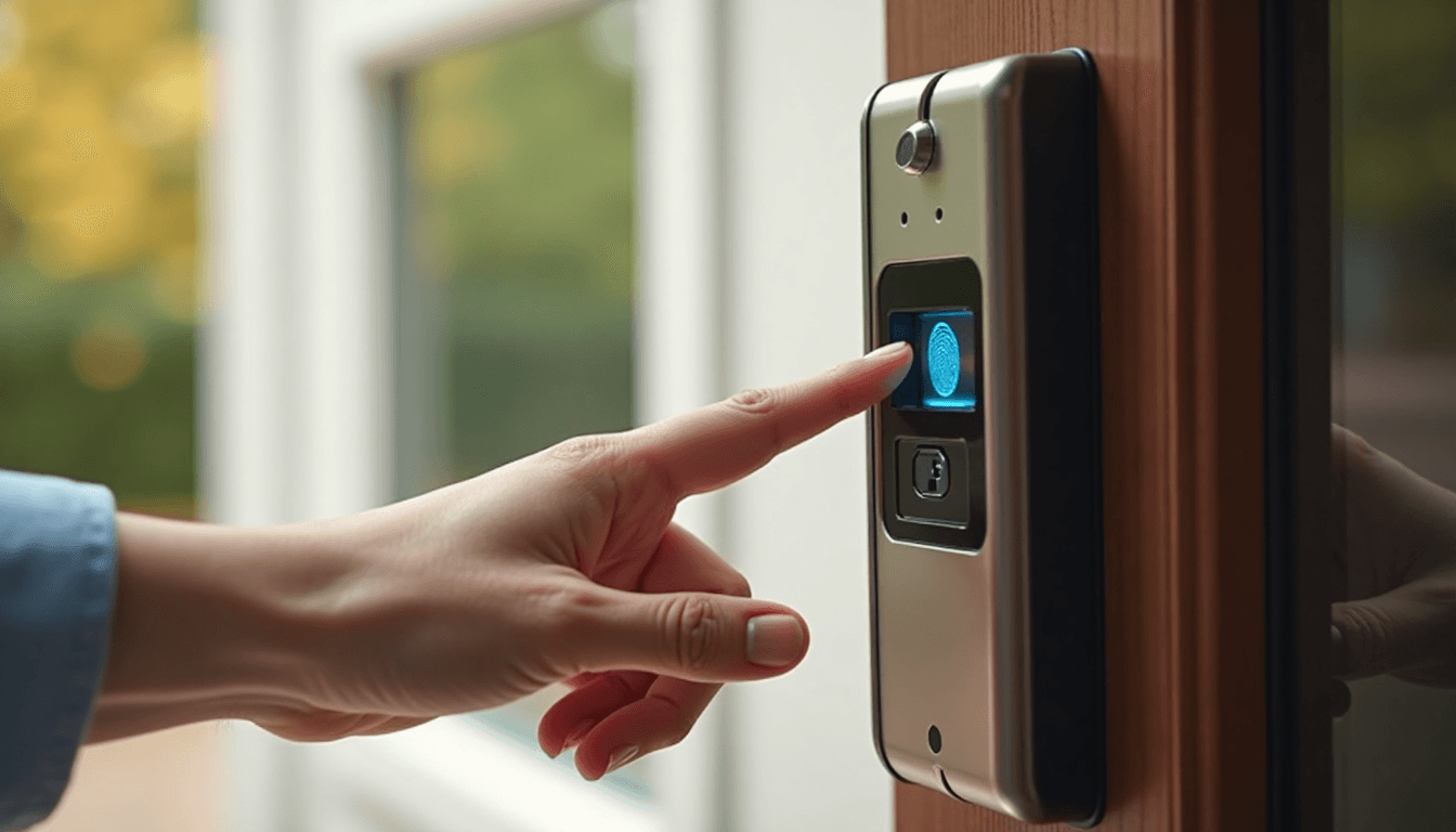 Person uses fingerprint smart lock on home door