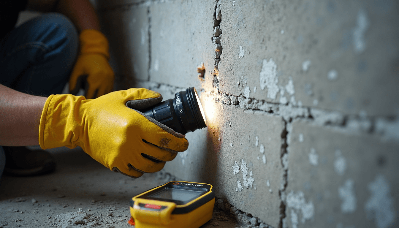 Homeowner checks basement wall for moisture