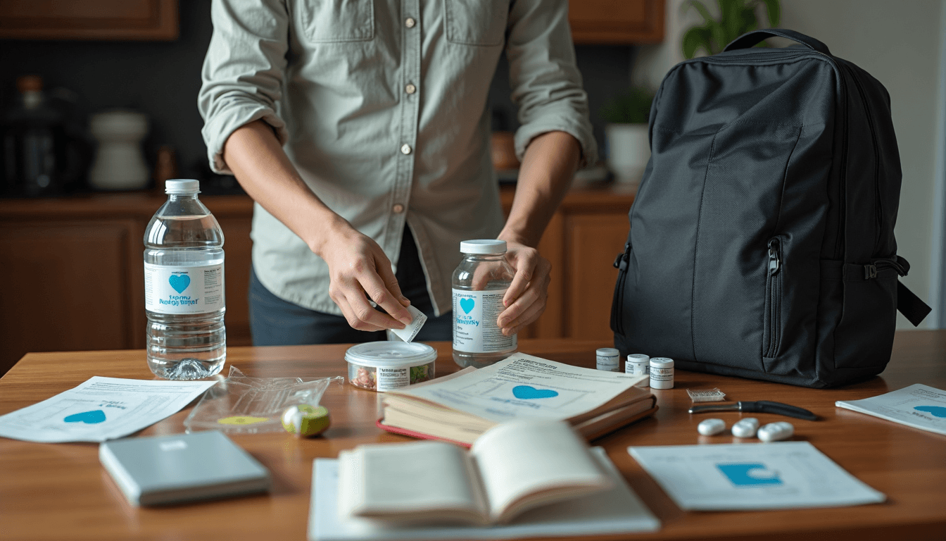 Person organizing emergency supplies for packing