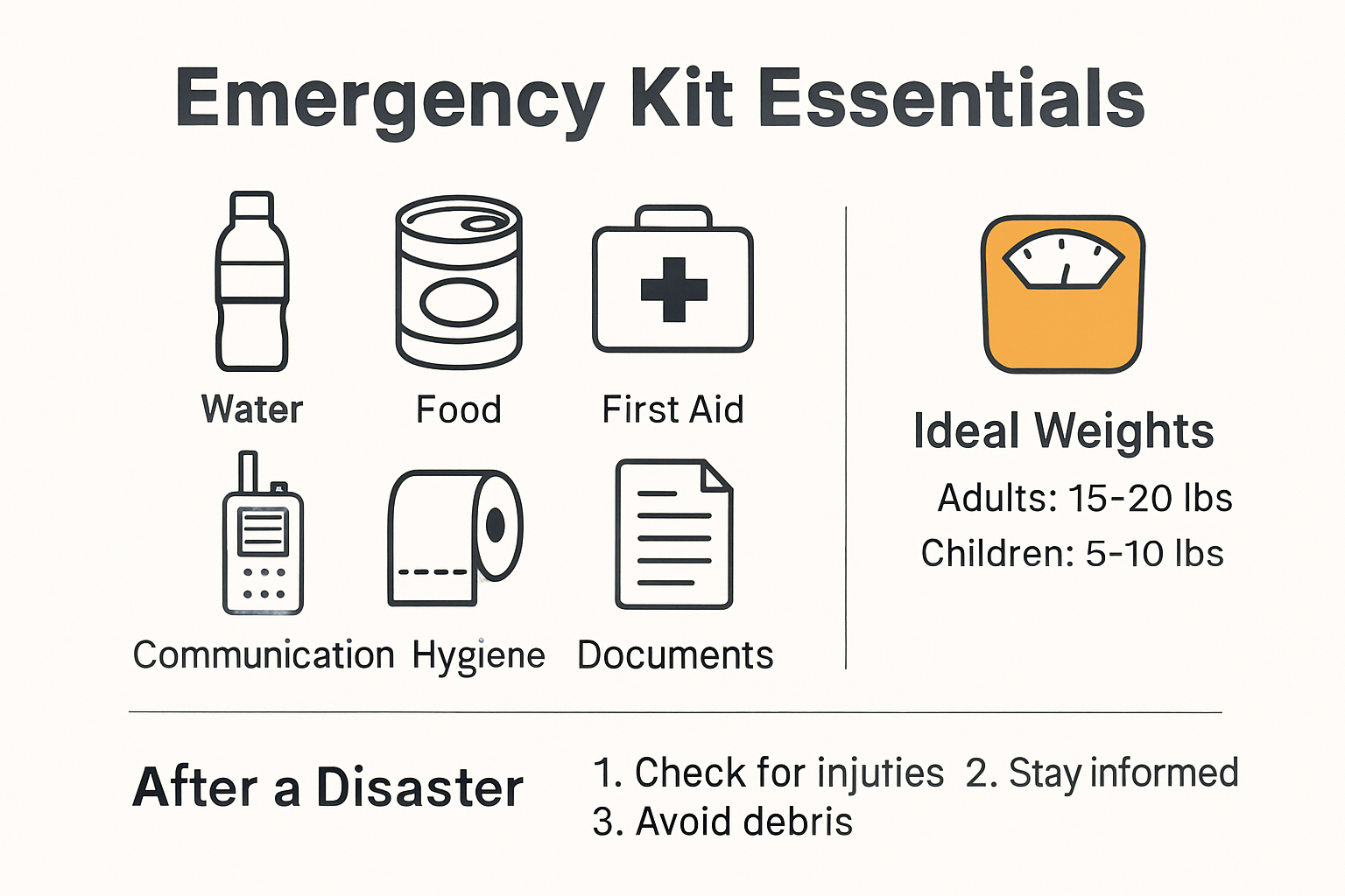 Emergency kit visual checklist with key items and packing tips