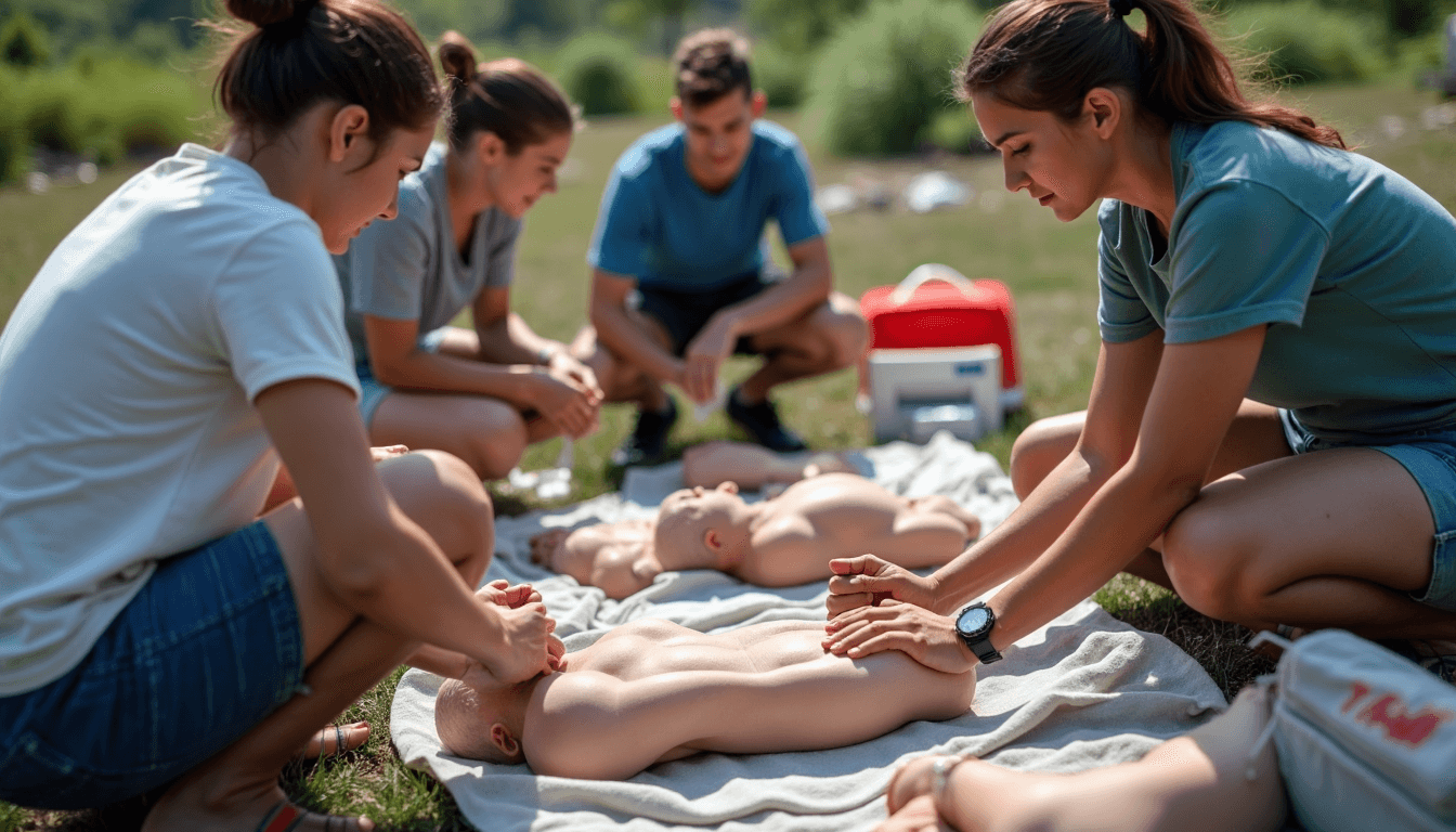 People giving first aid in outdoor disaster training