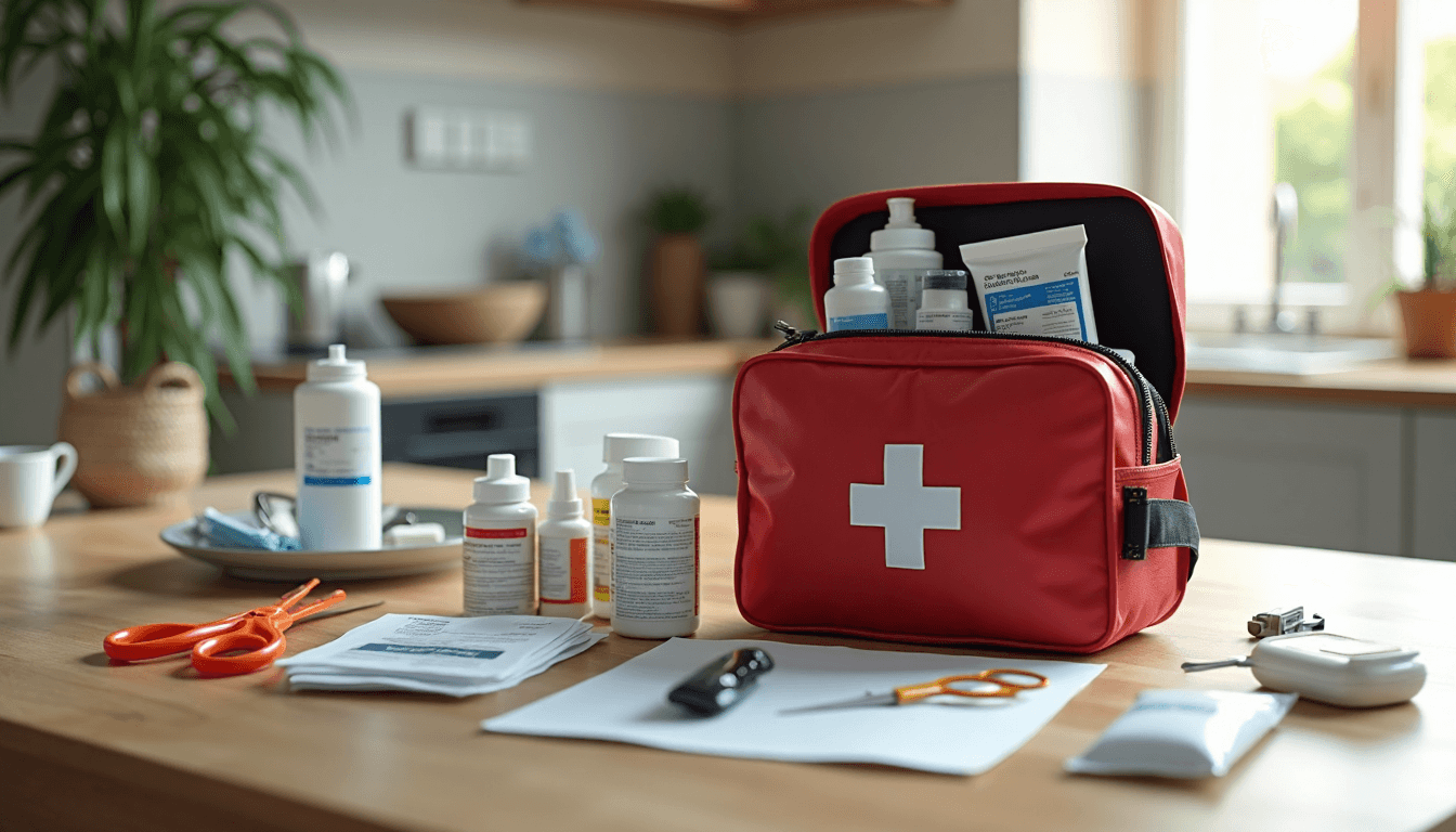 Open disaster first aid kit with supplies on table