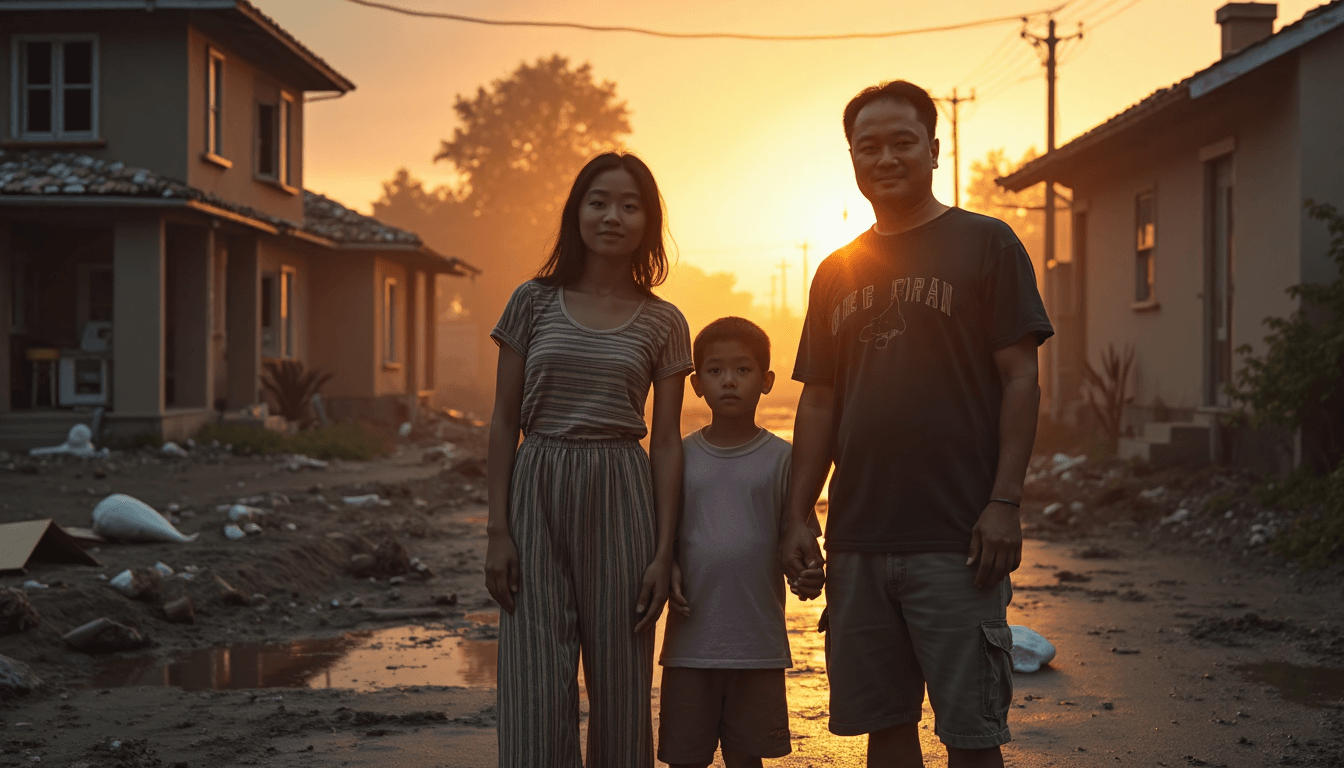 Displaced family stands before damaged home at dawn