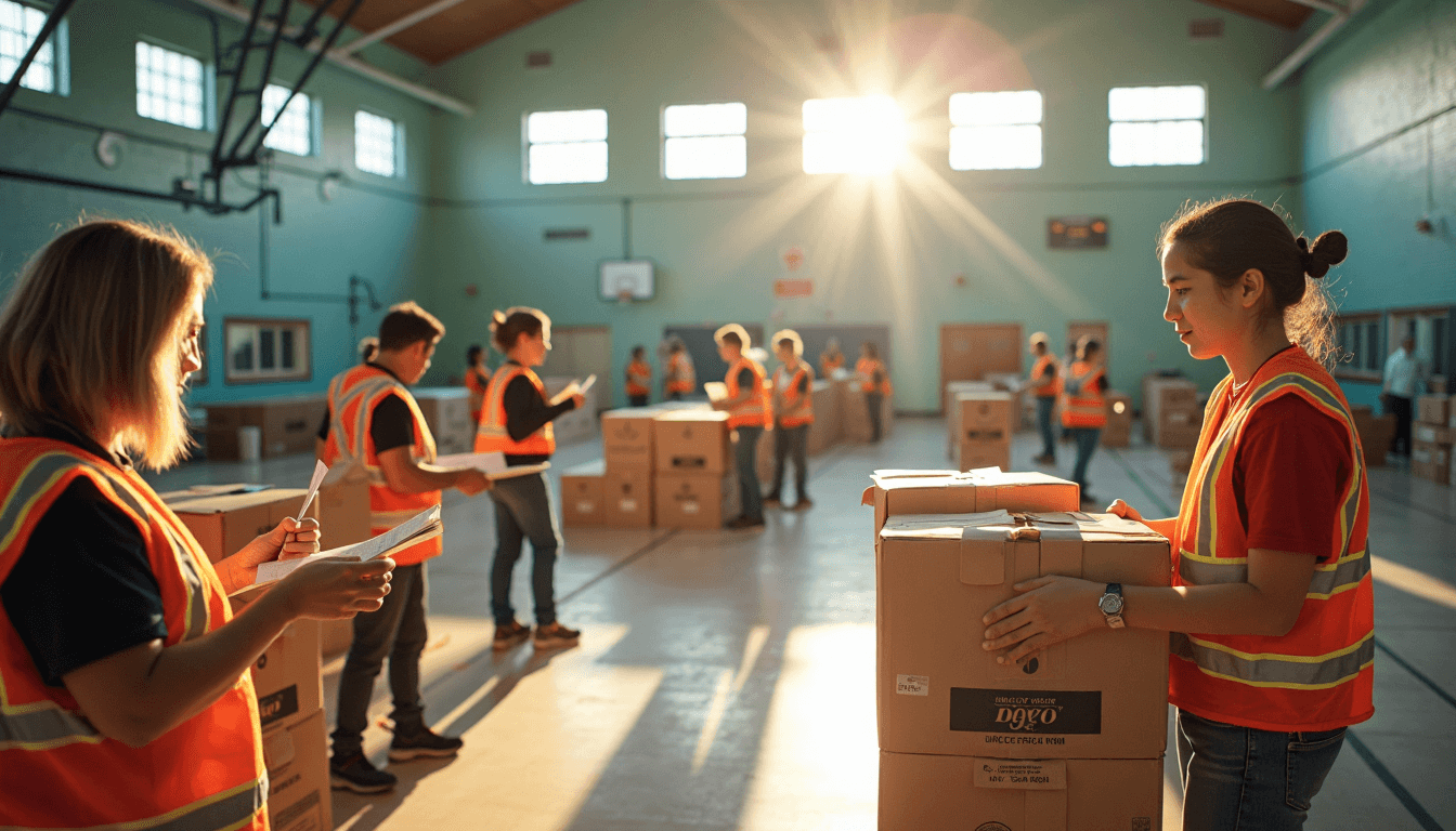 Volunteers arrange cots in sunlit gym shelter