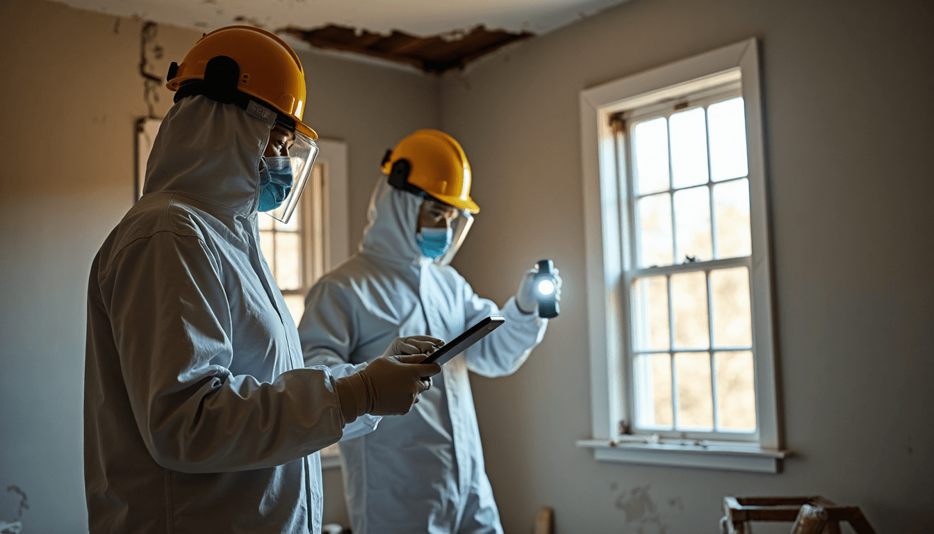 Adjusters inspecting interior structural damage in safety gear
