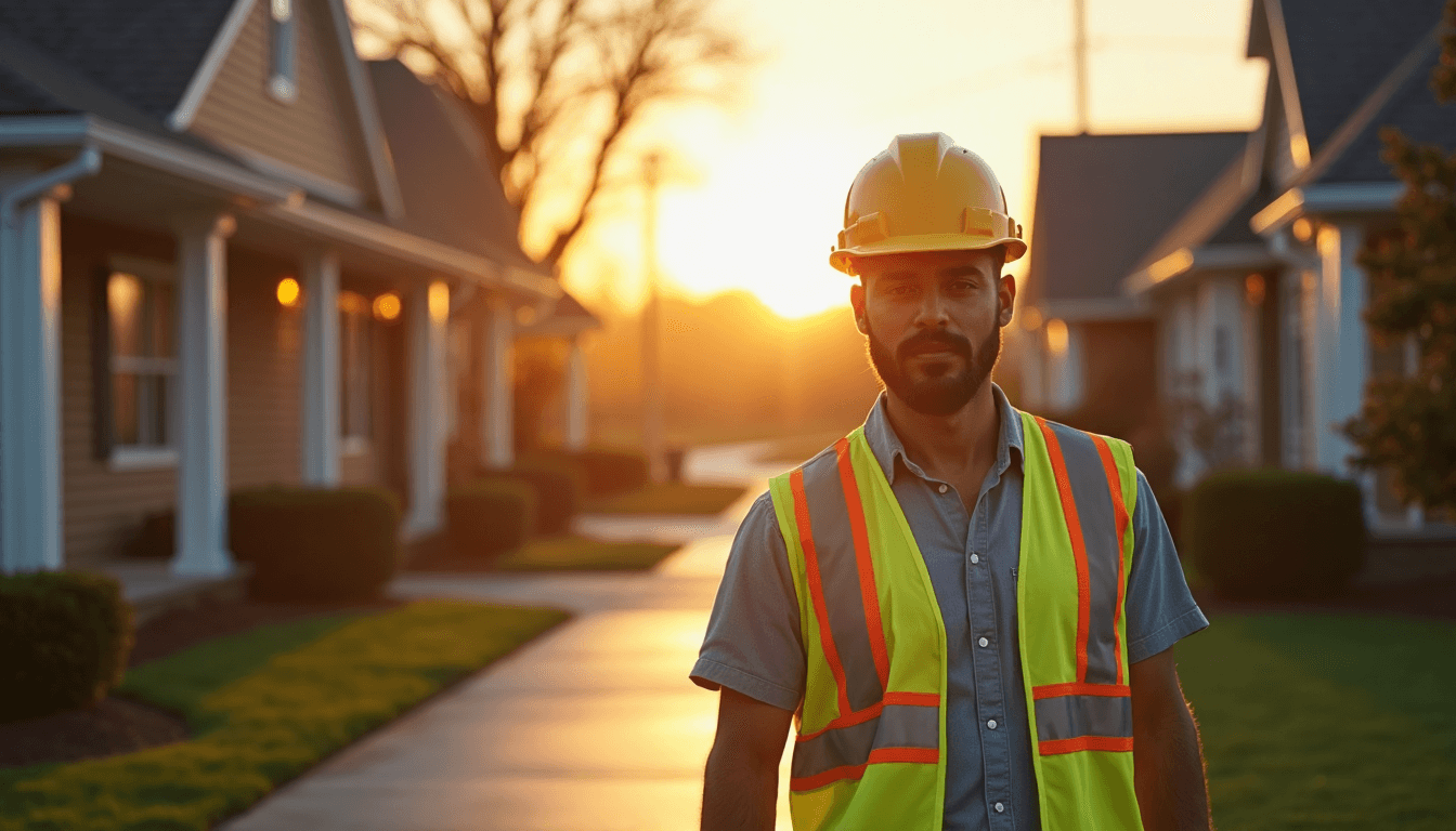 Adjuster inspecting storm-damaged home at sunrise