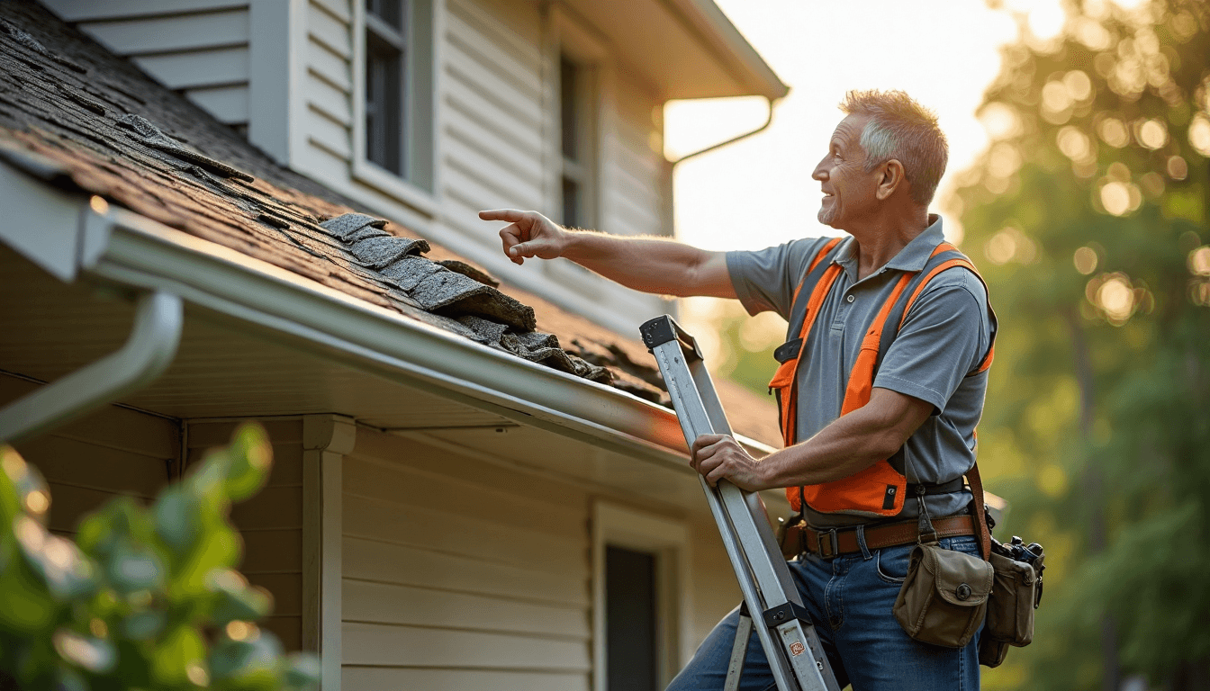 Home exterior with storm-damaged roof, gutters, and siding