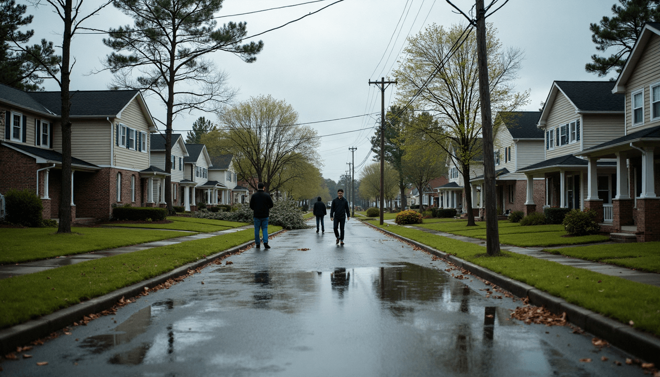 Storm-damaged Charlotte neighborhood with debris and neighbors