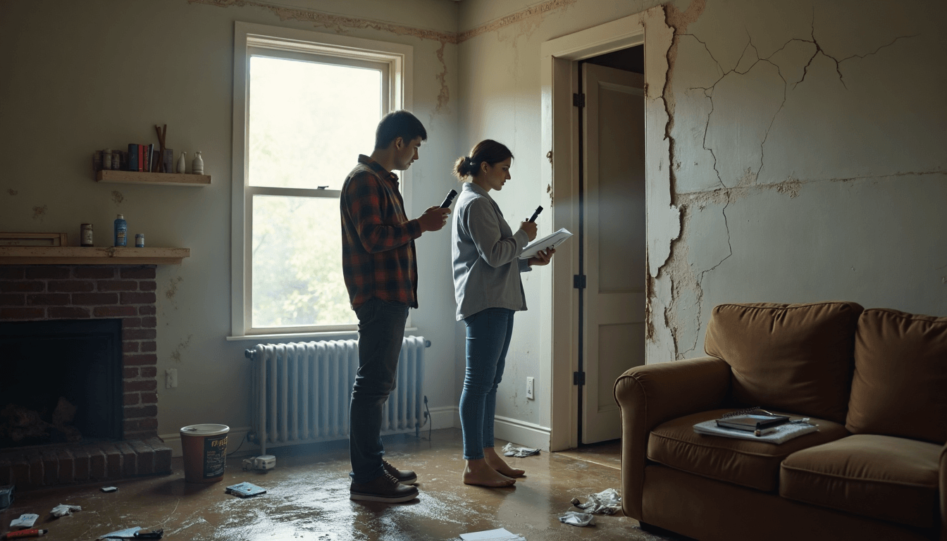 Engineer and homeowner inspecting living room disaster damage