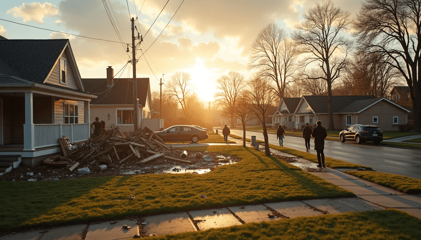 Residents inspecting disaster-damaged neighborhood at sunrise