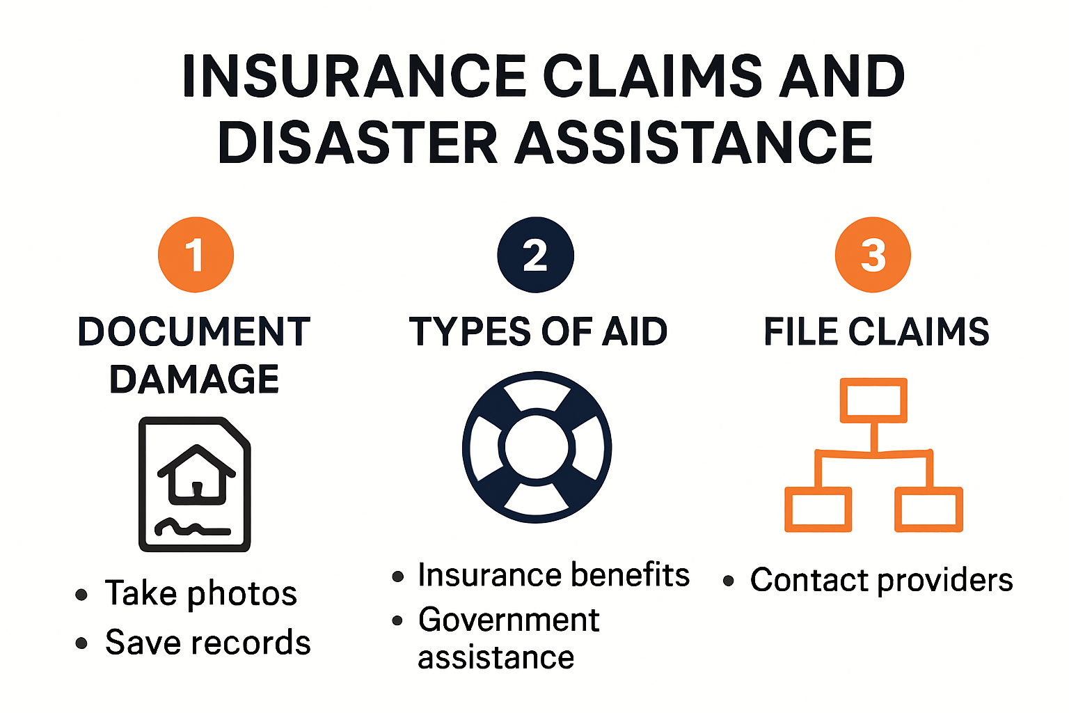 Infographic summarizing steps for disaster insurance and financial recovery