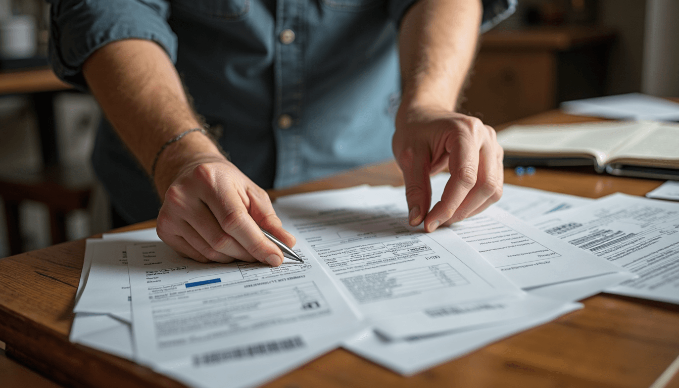 Hands organizing FEMA paperwork in temporary housing