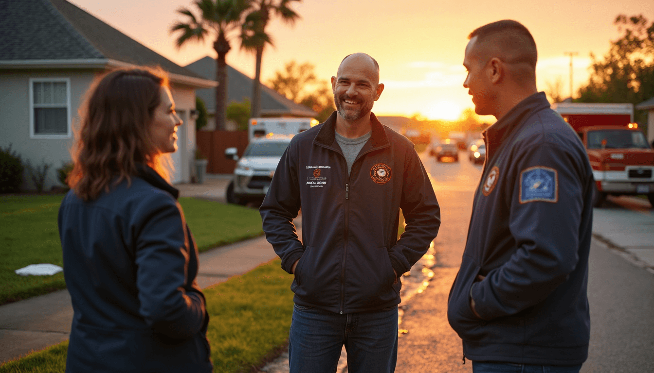 FEMA team and residents outside damaged house at sunrise