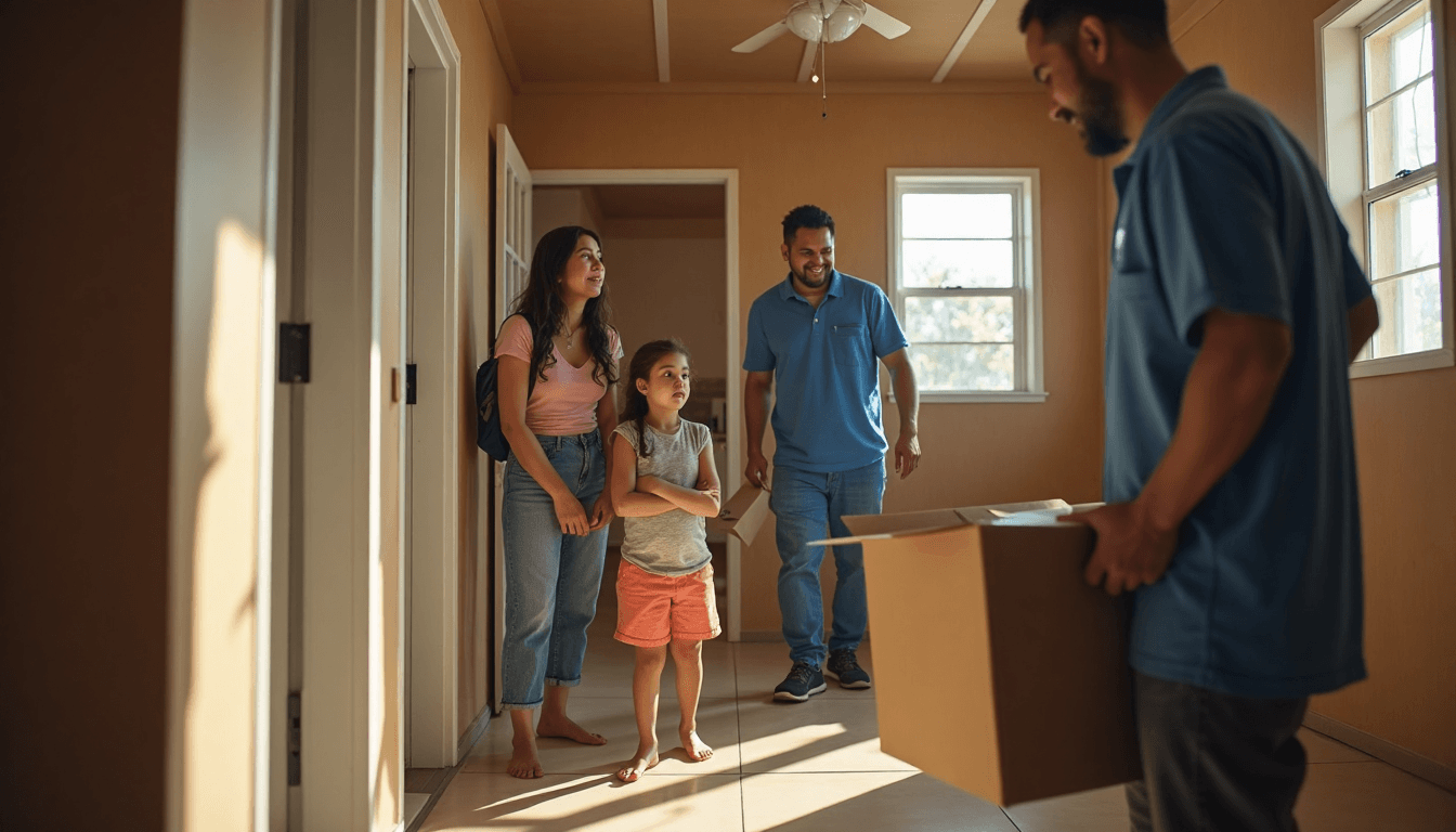 Family entering temporary housing with disaster aid