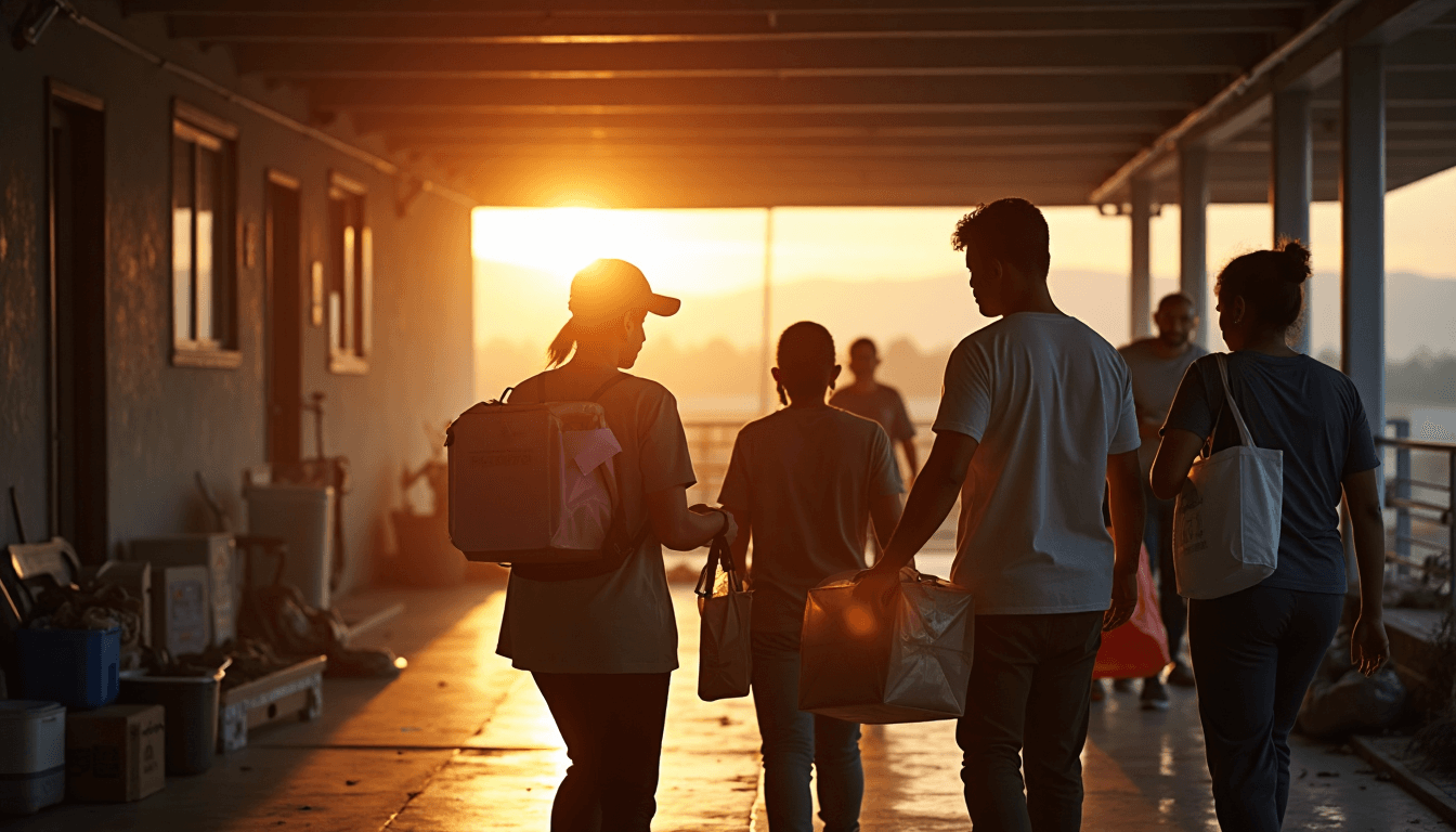 Volunteers welcoming disaster survivors at relief center