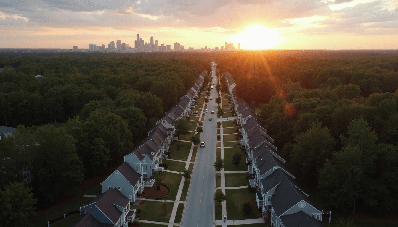 Essential Disaster Response Checklist for Charlotte, NC in 2025 1 Aerial view of Charlotte suburban homes at sunrise