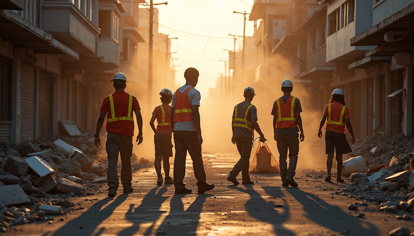 Disaster responders and community clearing urban debris together