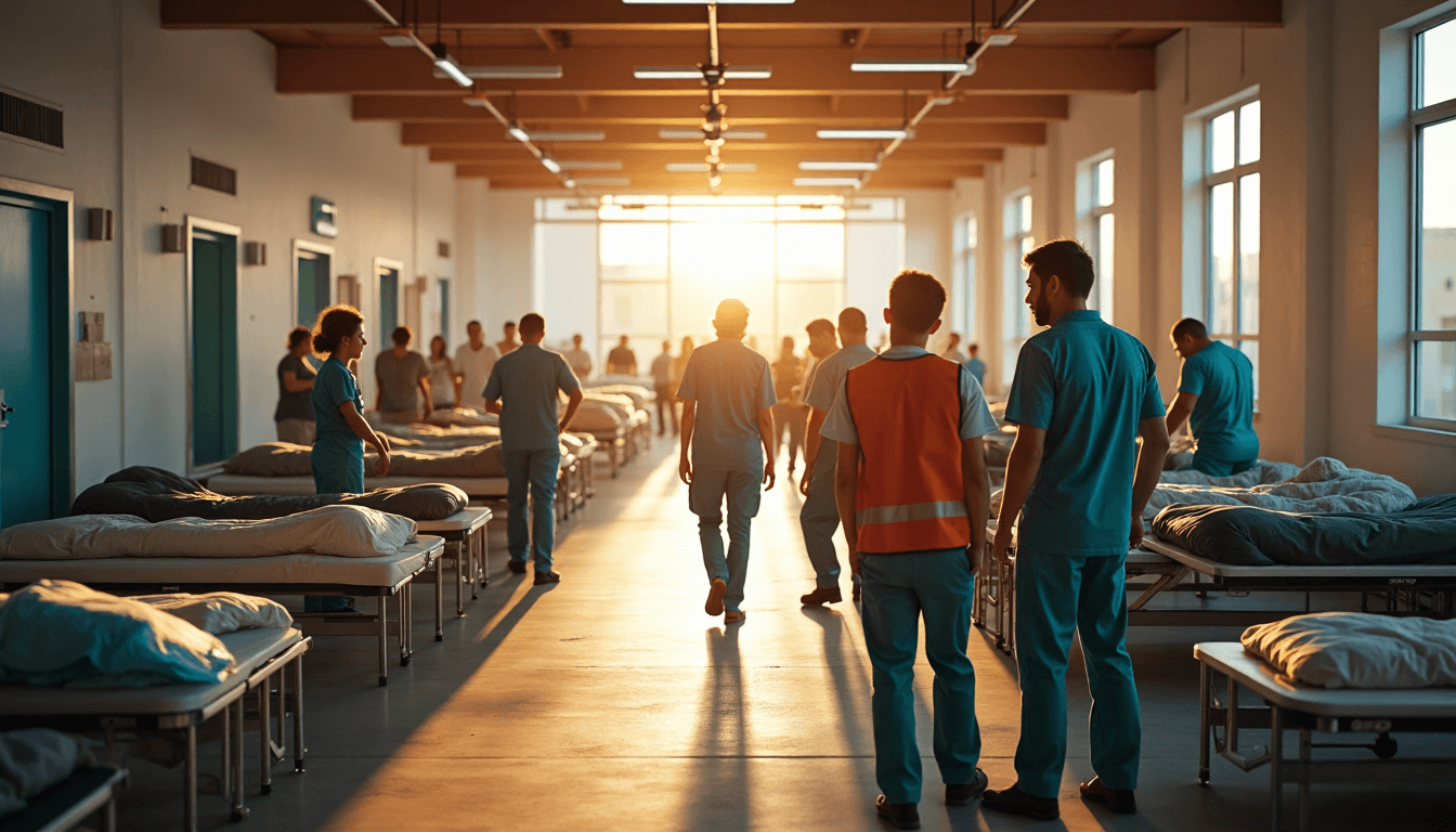 Emergency workers caring for disaster survivors in shelter