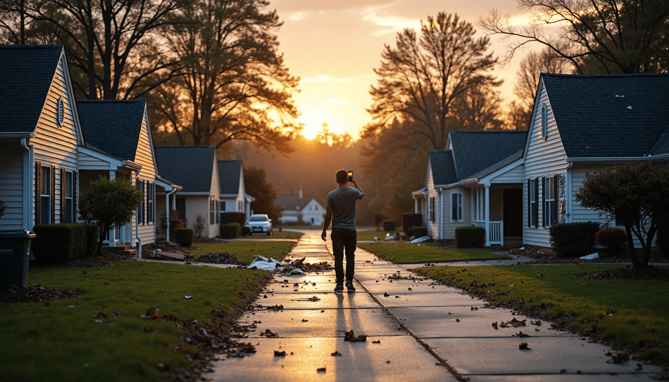 Storm Damage Insurance Tips 2025: Charlotte Property Guide 1 Homeowner photographs storm damage in Charlotte neighborhood
