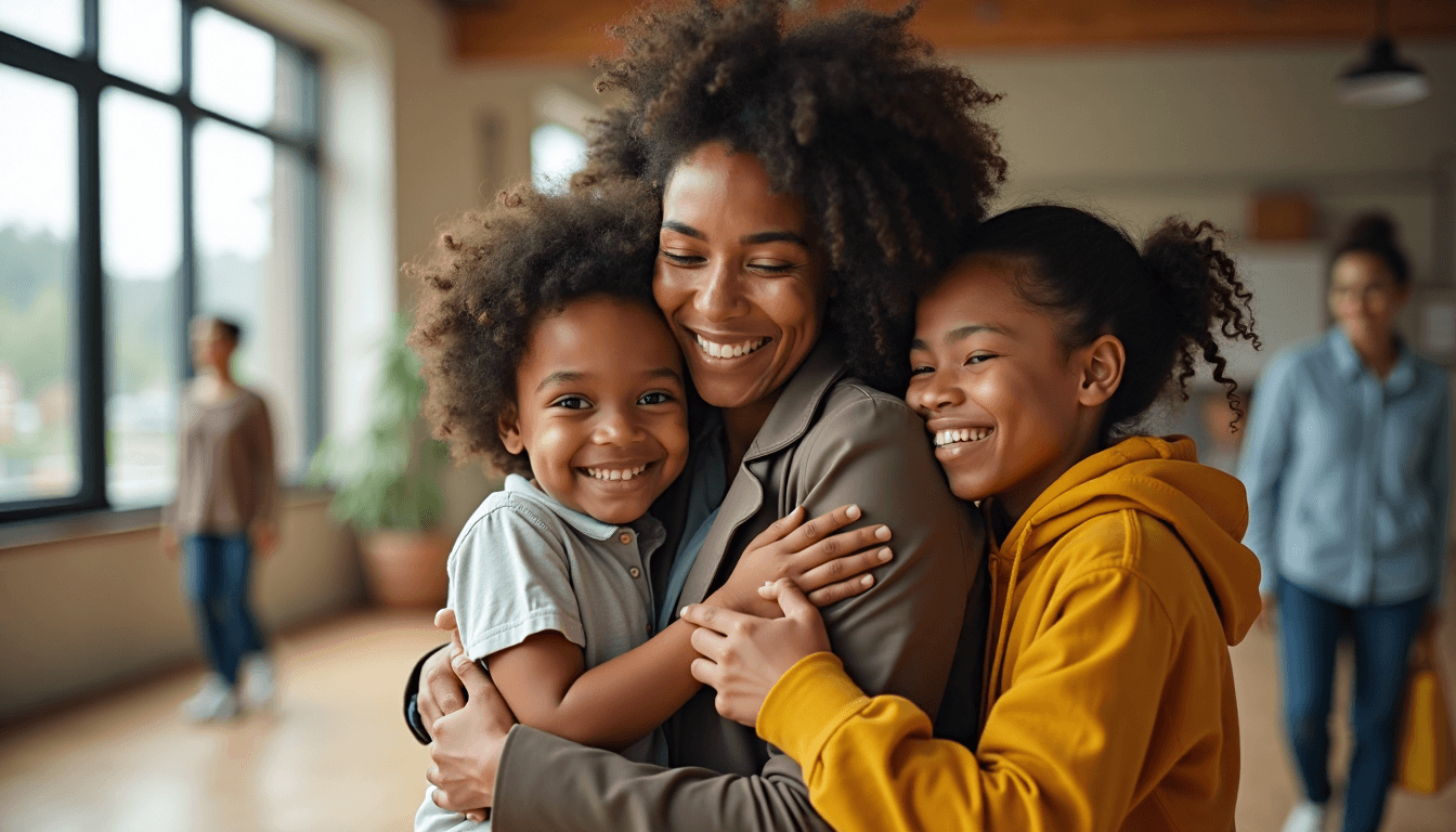 Diverse family hugging in sunlit reunion center