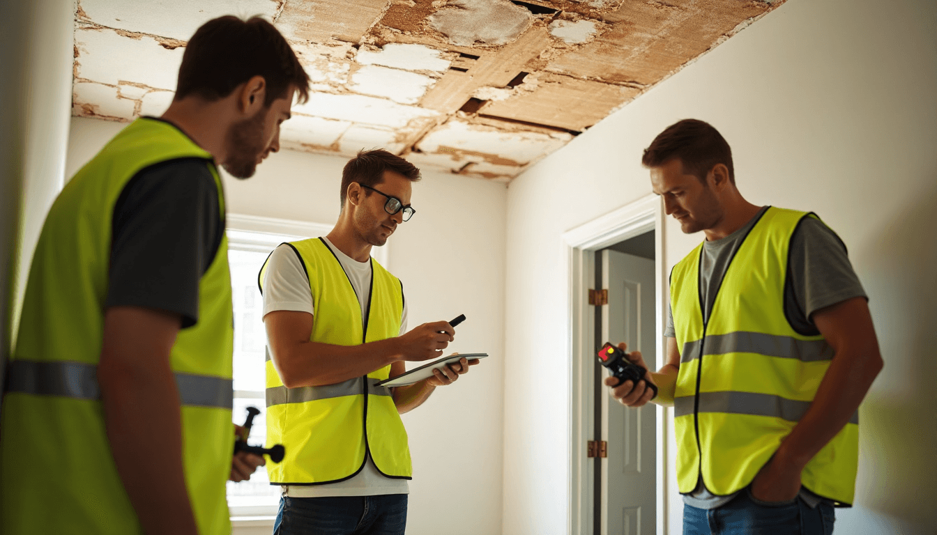 Property Damage Assessment in Charlotte: 2025 Guide for Owners 3 Team of assessors examining interior water damage on home walls