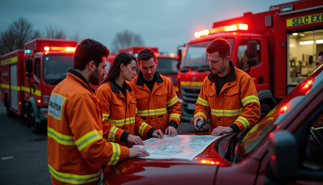 Emergency responders coordinating plans outdoors at dusk