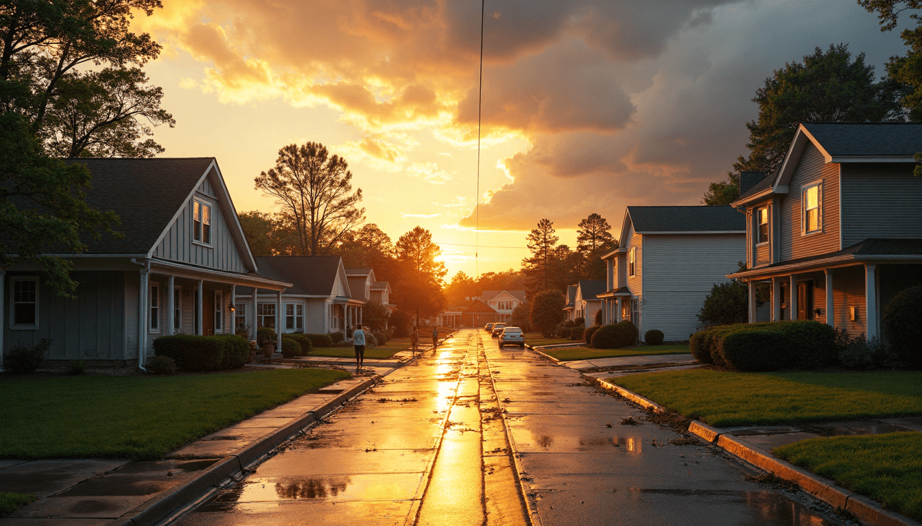 Charlotte neighborhood with damaged roofs and residents after storm