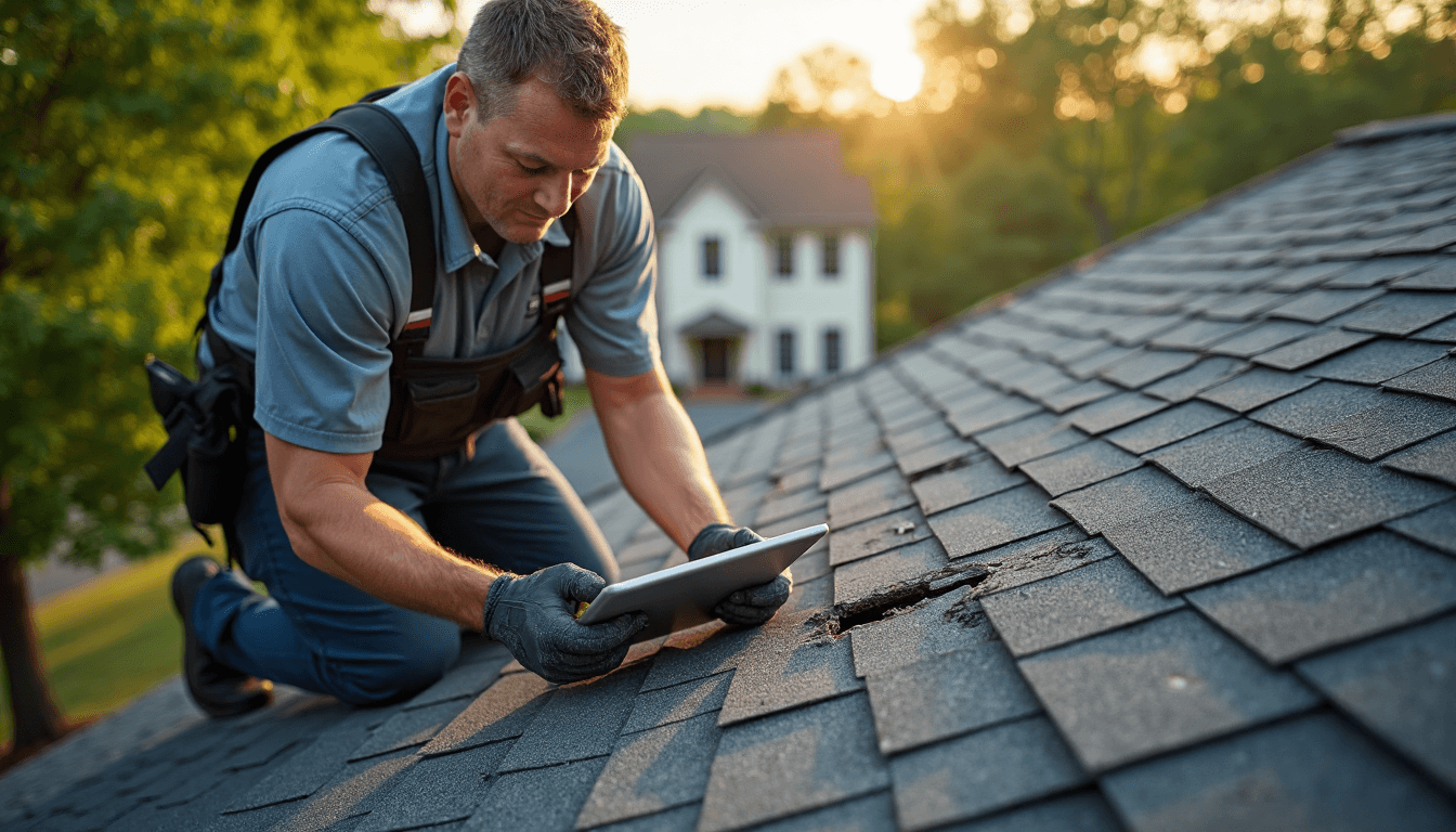 Roofer inspecting damaged shingles on suburban roof