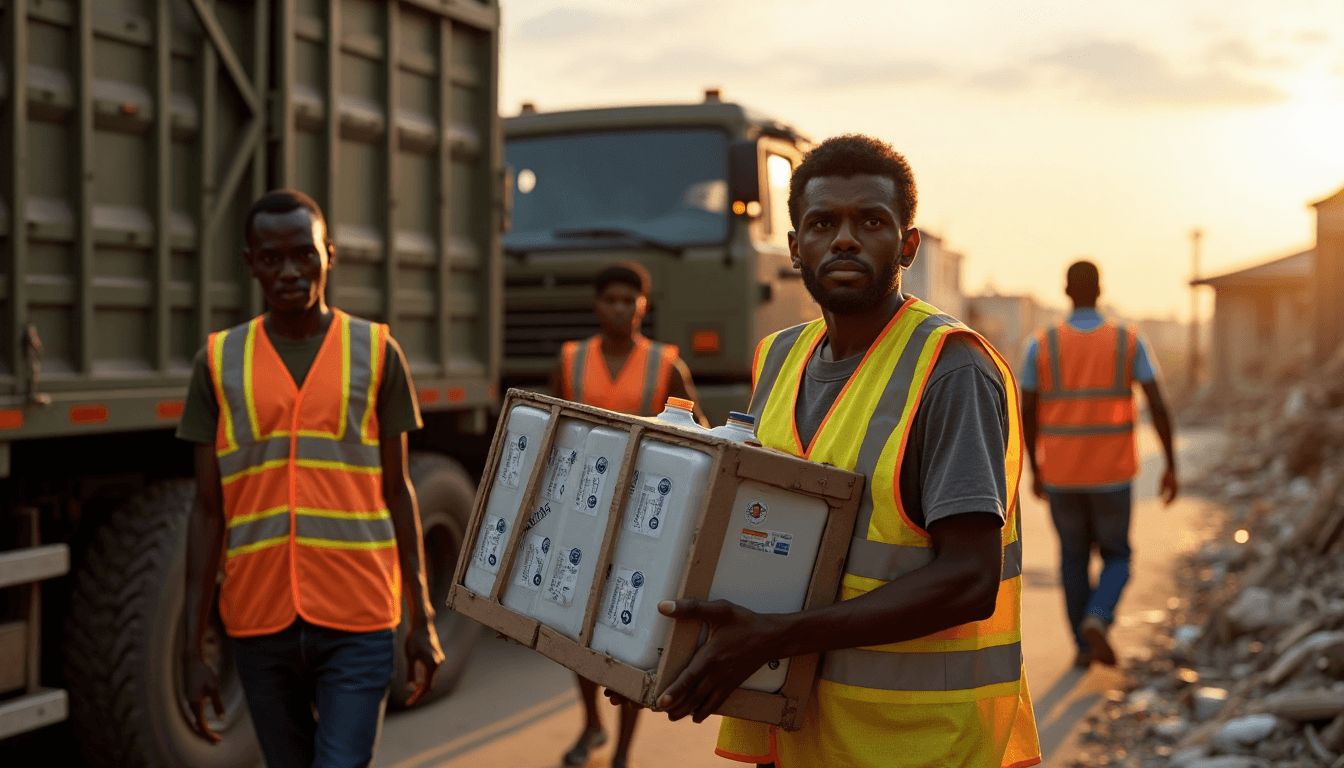 Relief workers unload aid boxes at sunrise