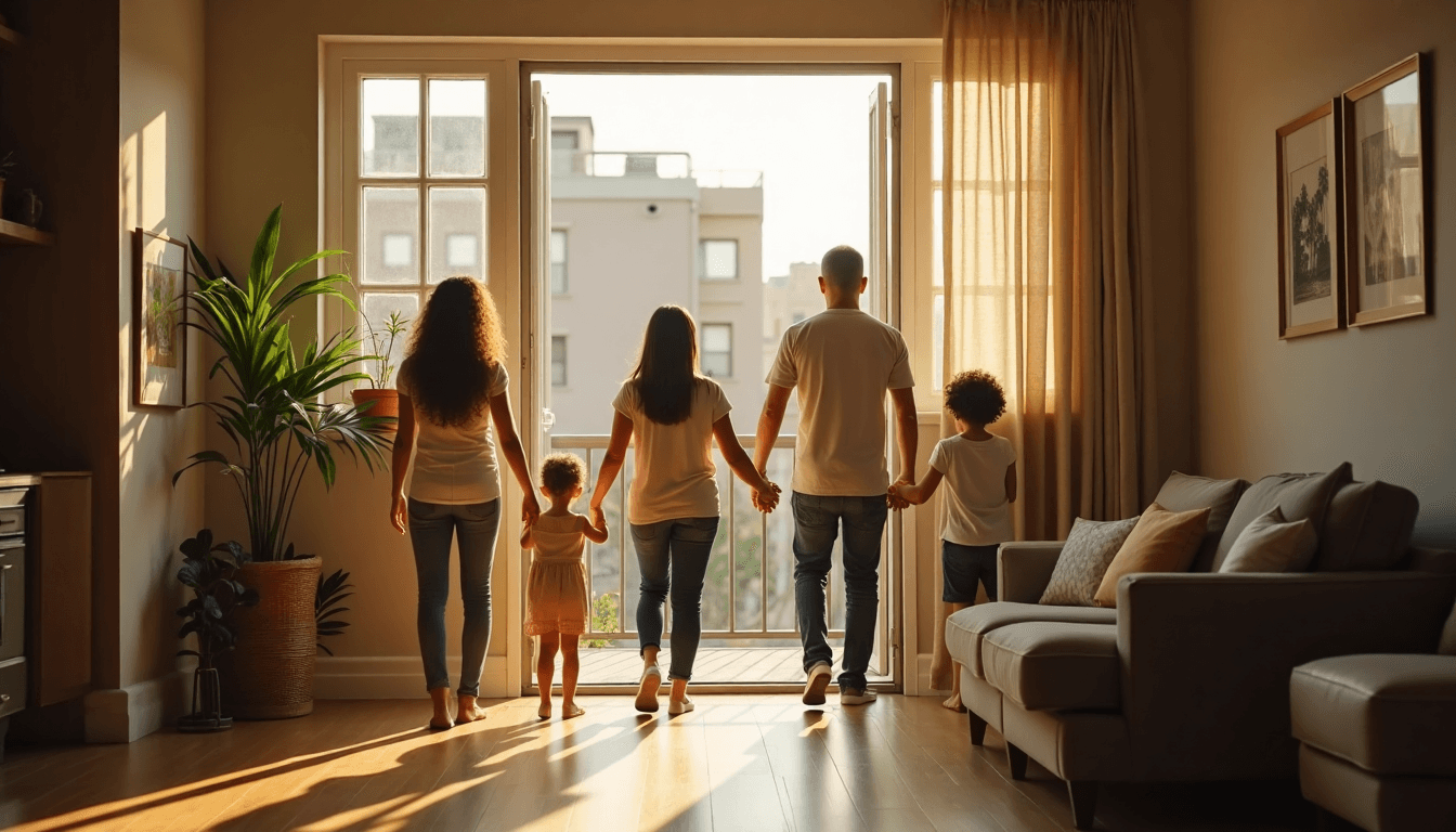 Family greeted by case manager in sunny apartment