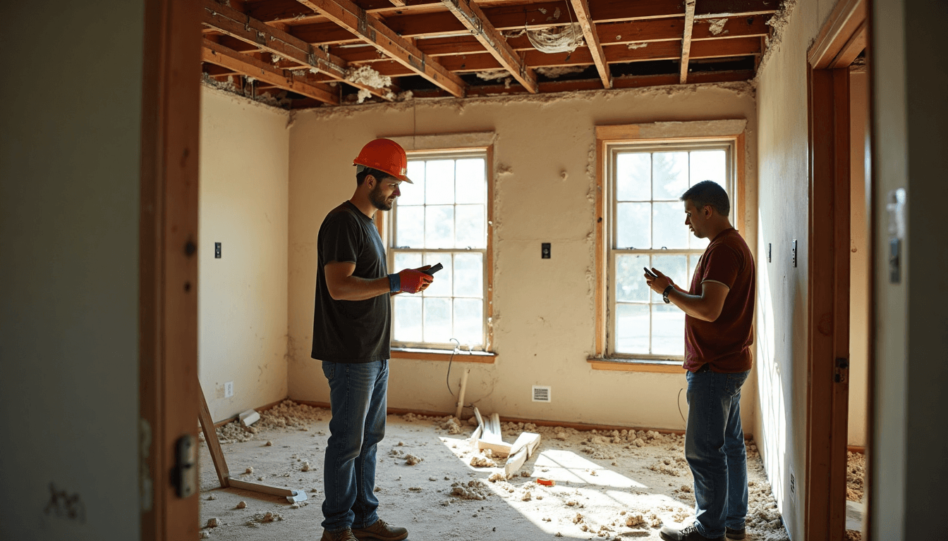 Professional and homeowner assess tornado interior damage