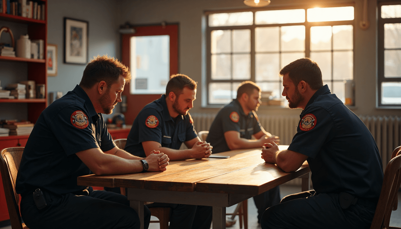 Tired responders supporting each other at station table