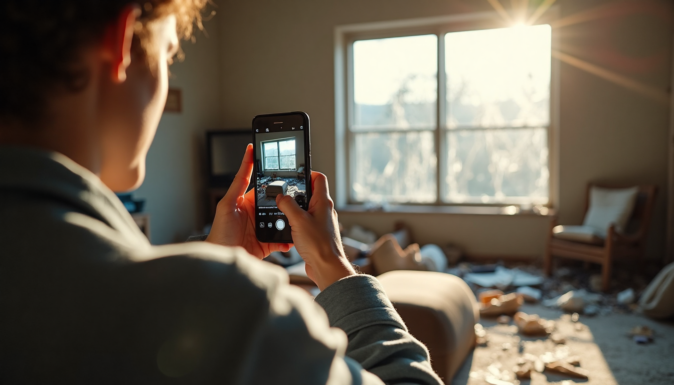Homeowner photographing damage for disaster documentation