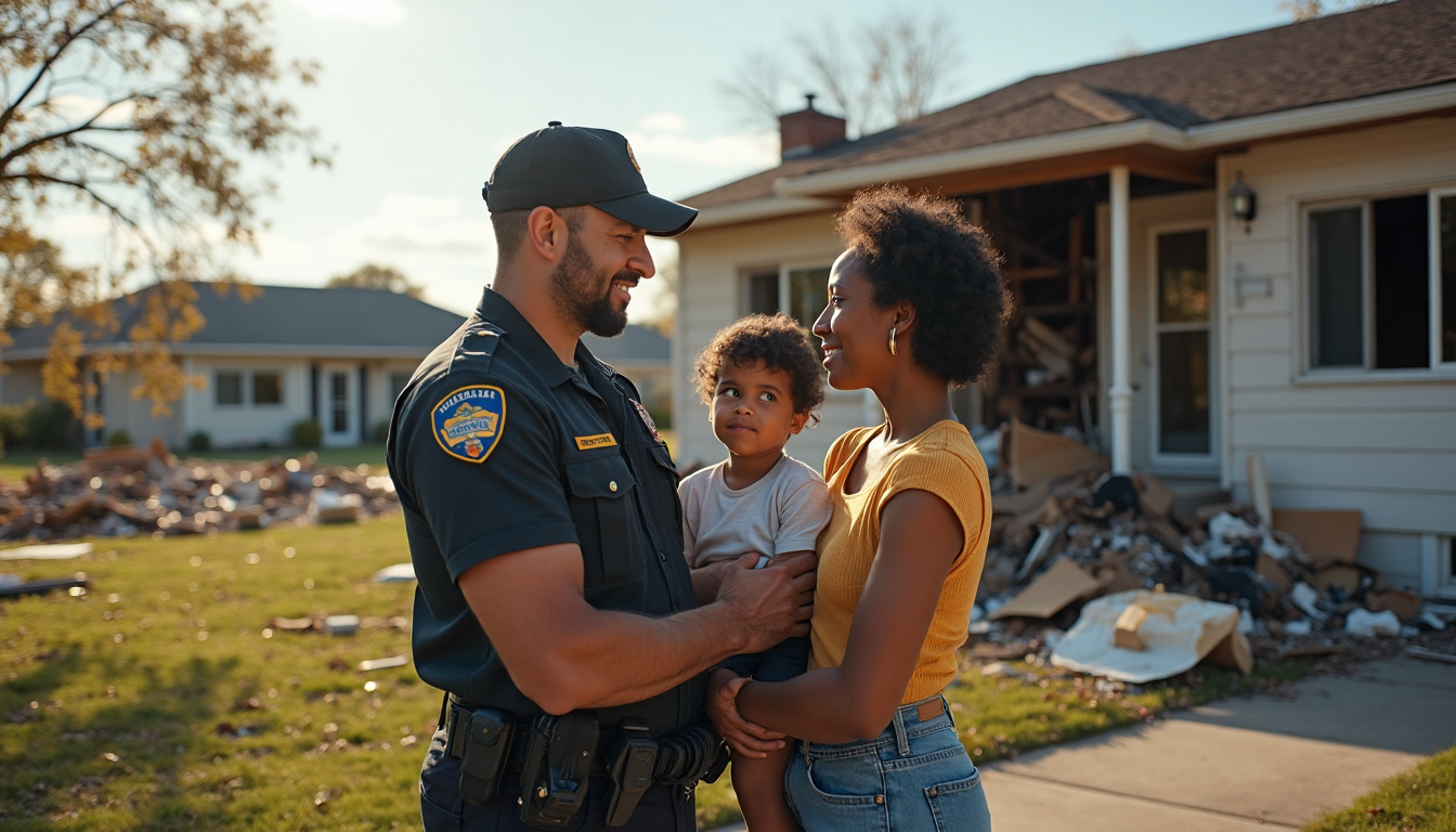 Family and first responder outside damaged home after disaster