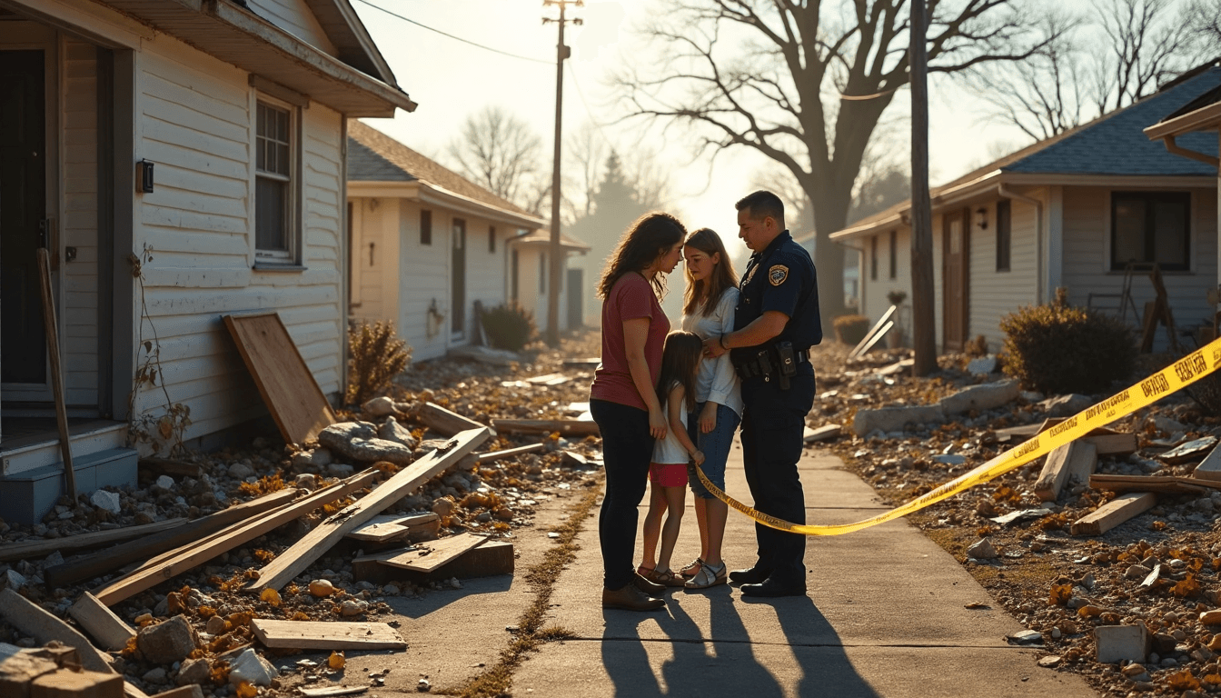 Family with first responder in front of disaster-damaged home