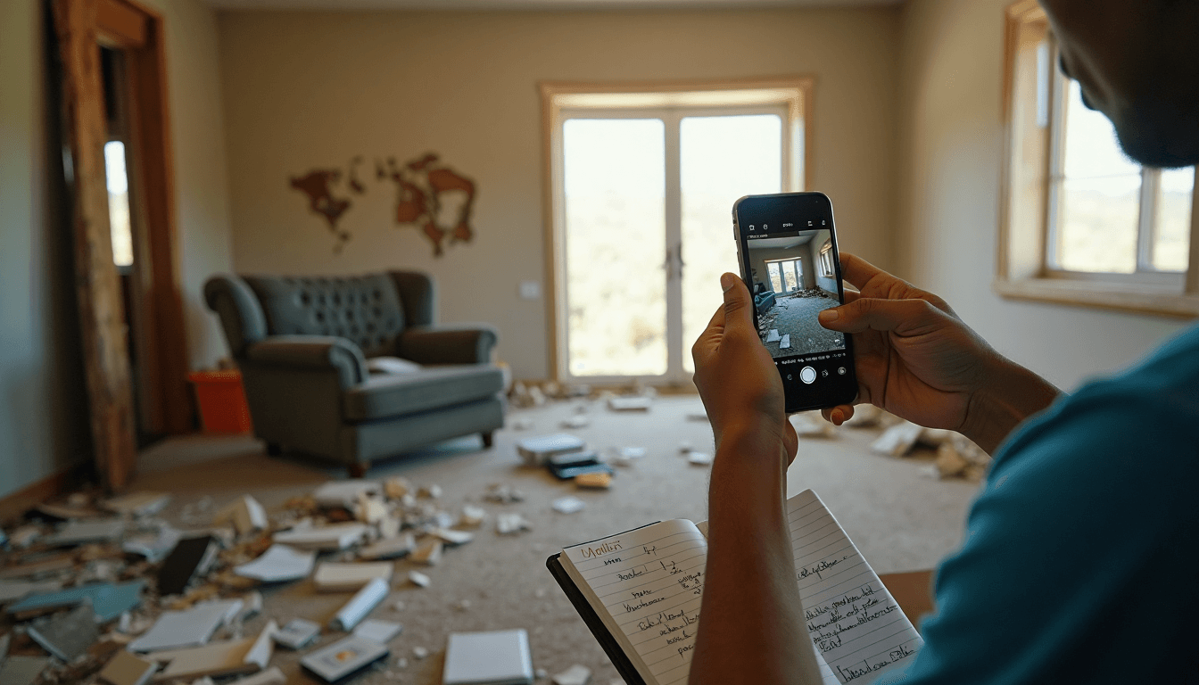 Person photographing interior home disaster damage for evidence