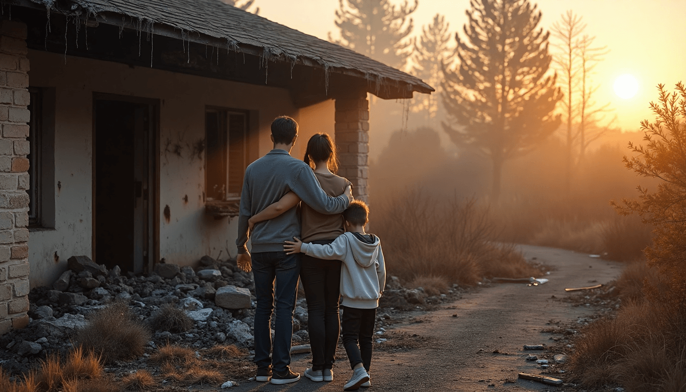 Family stands outside fire-damaged home after disaster