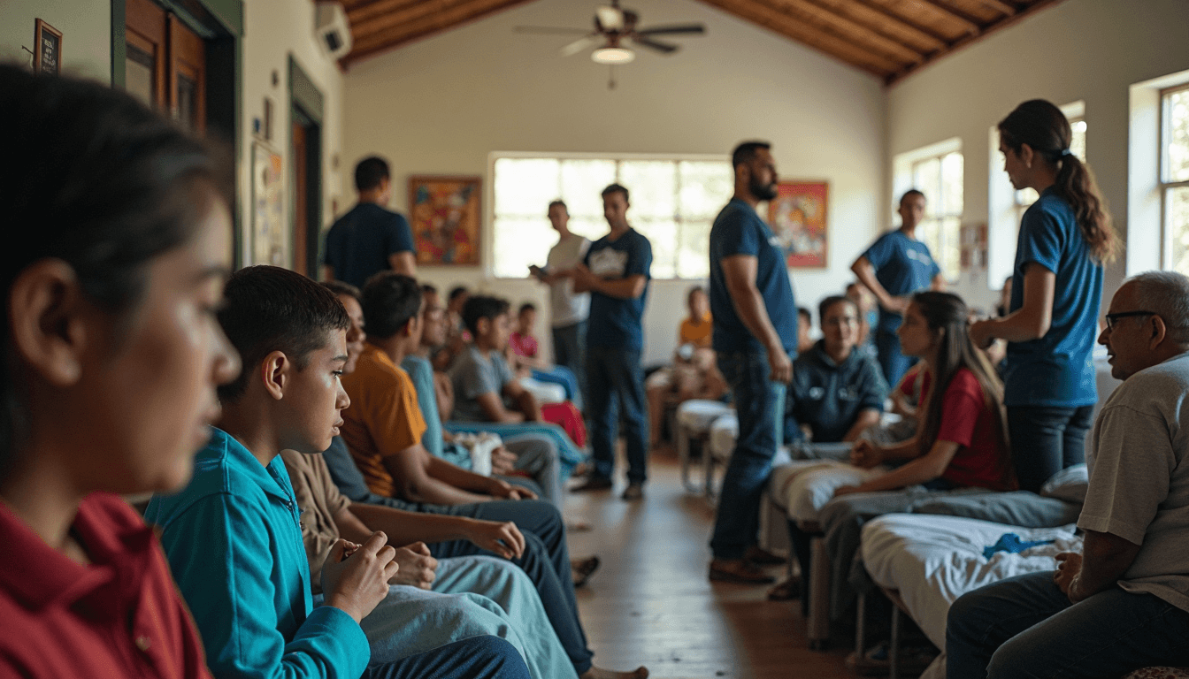 Evacuees receive help at a temporary disaster shelter