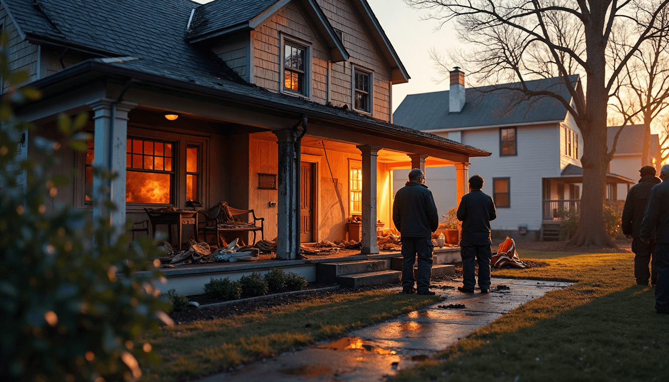 Insurance Claim After Fire: A Charlotte, NC Guide 2025 1 Homeowners and firefighters at burned Charlotte house after fire
