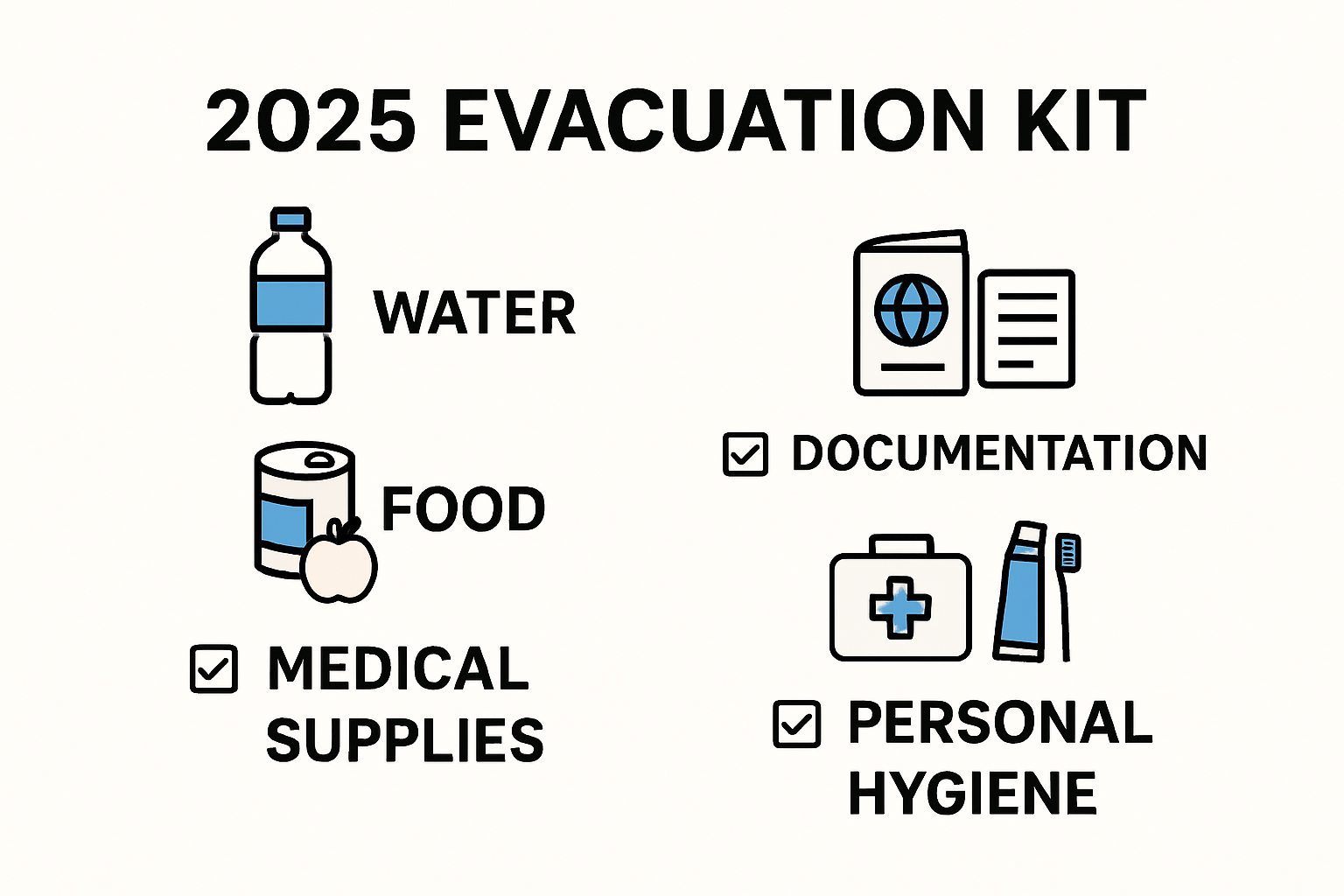Infographic showing 2025 evacuation kit checklist items