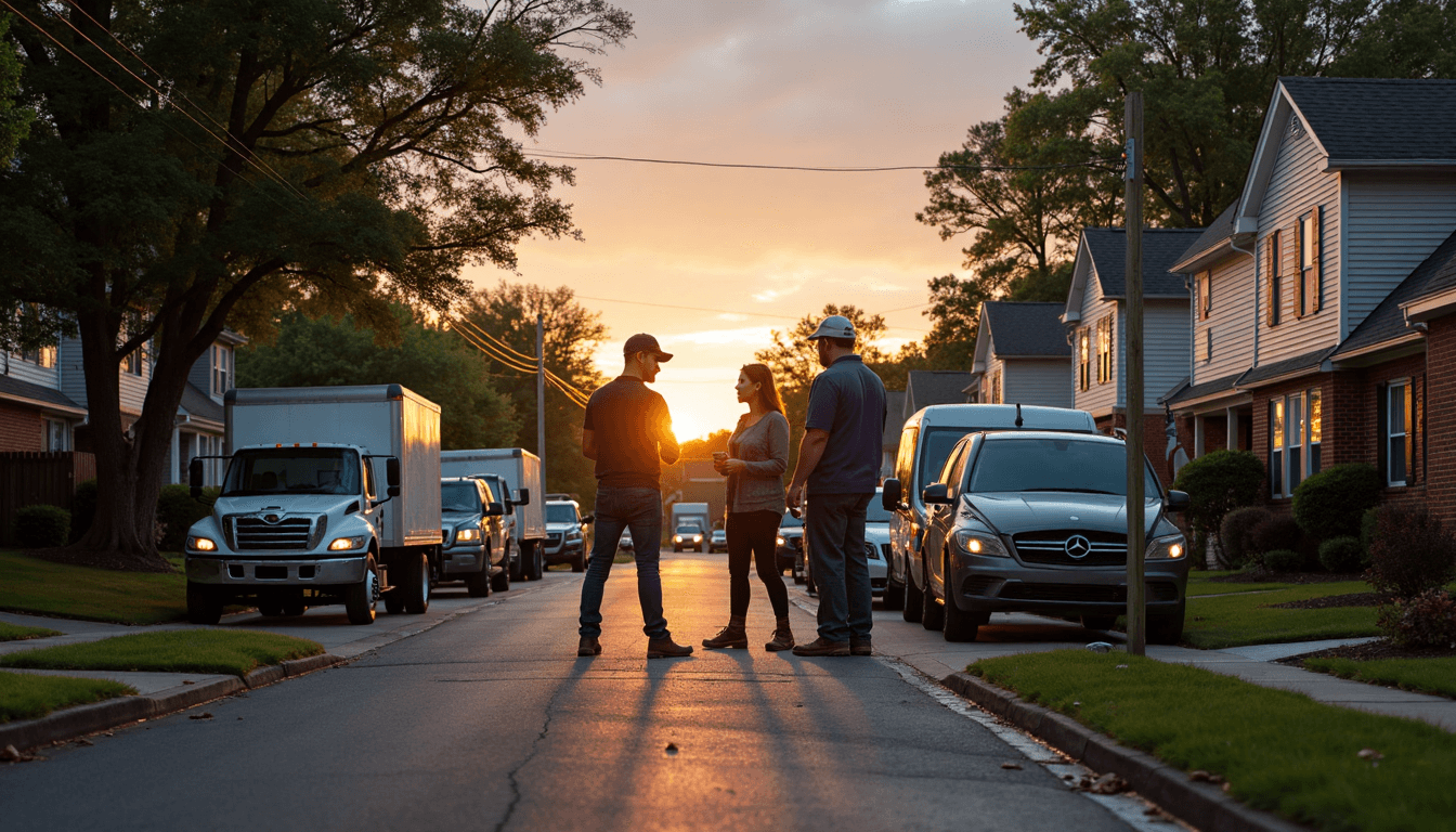 Emergency Property Repairs in Charlotte, NC: 2025 Guide 1 Homeowners and contractor inspect storm-damaged home in Charlotte neighborhood
