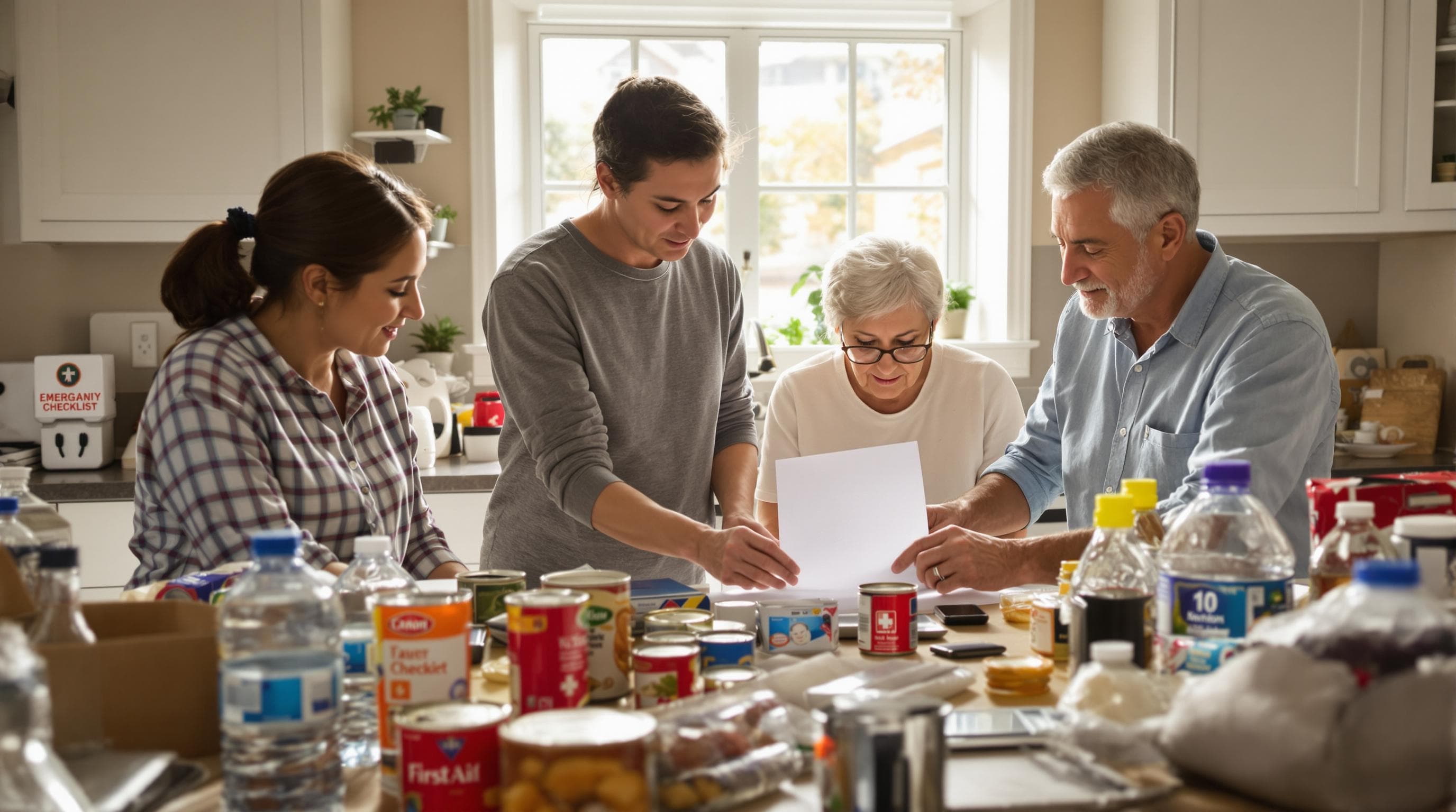 Family assembling emergency disaster kit together at home