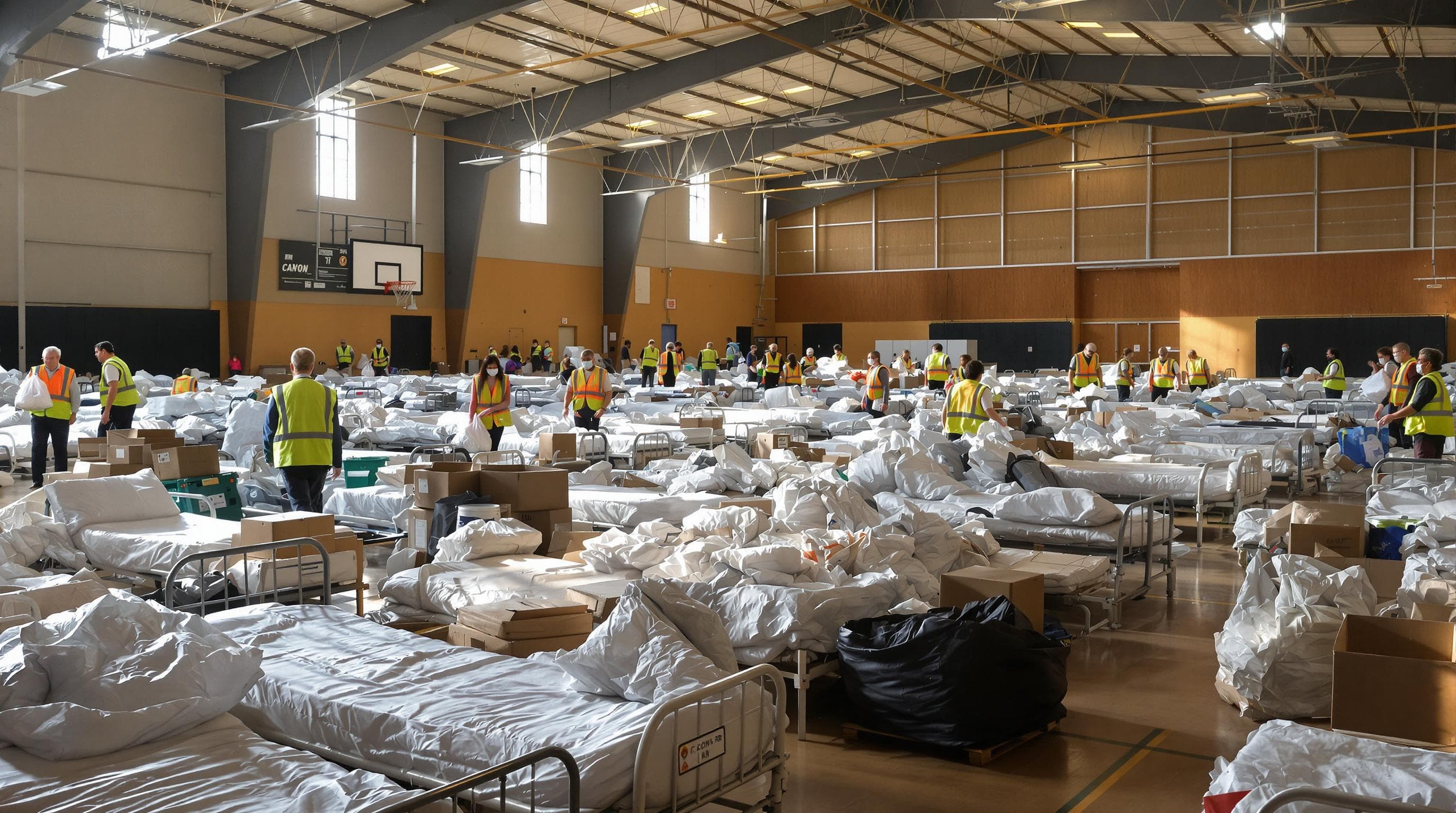 Families being welcomed into a temporary disaster shelter by volunteers