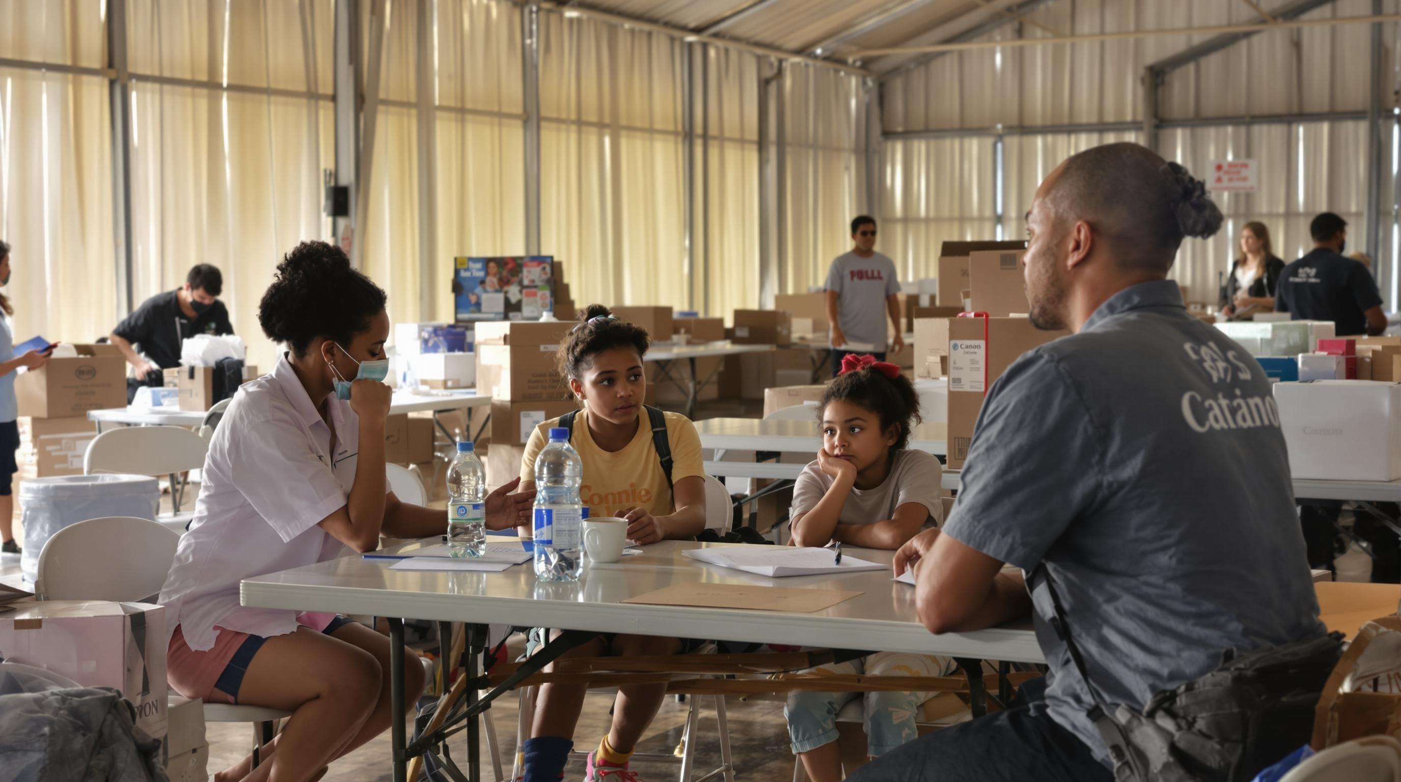 Aid worker assists displaced family through needs assessment